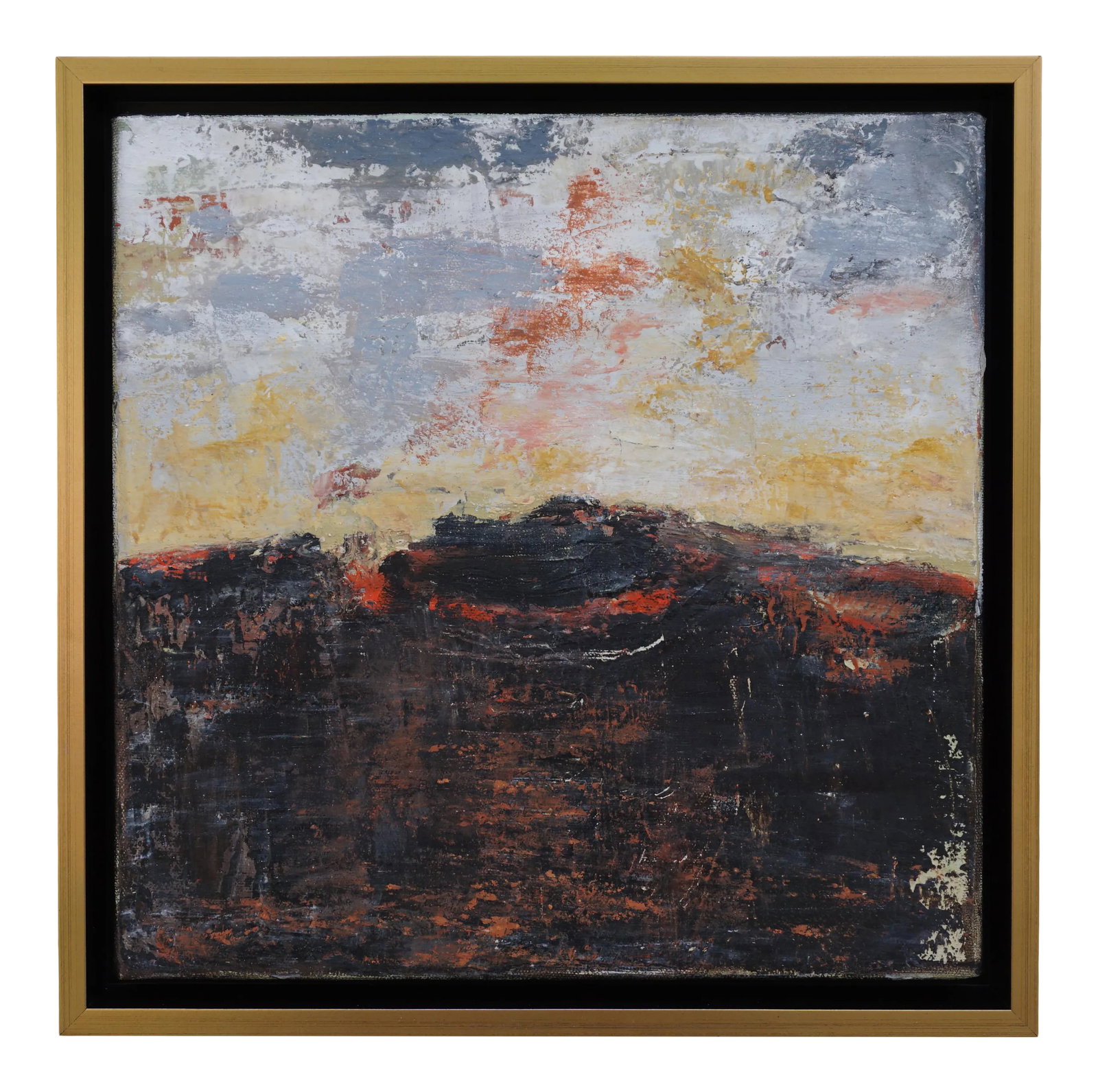 Volcano Contemporary Abstract Landscape Mixed-Media Painting by Laurie MacMillan, Framed: The artist is a lifelong nature and geology enthusiast. She likes the textural, layered effects she can achieve with oil and cold wax, similar to weathered surfaces in wood and stone. Laurie was thril