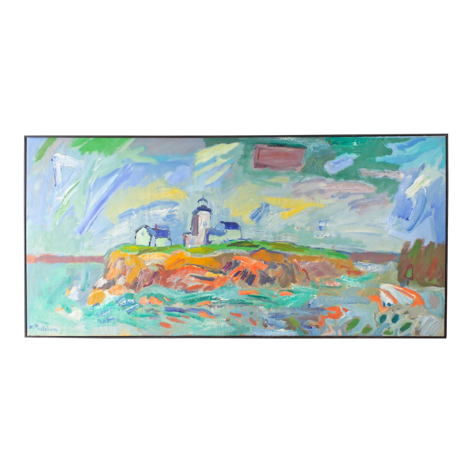 Oil on Canvas Painting of a Lighthouse by Abbott Pattison: An oil on canvas by the American artist Abbott Pattison (1916-1999). The painting depicts a colorful seascape with a lighthouse near the center of the composition. The work is signed to the lower left