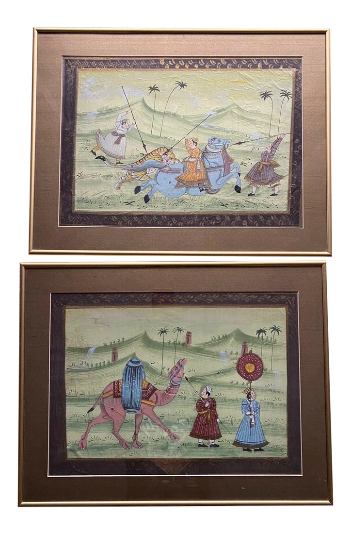 19th Century Rajasthan India Hunting Scene Paintings, Framed - a Pair: Fabulous Vintage Painting Pair on Silk featuring a hunting scene with tiger and a processional on camels. Watercolor gouache with highlights of metallic gold paint. PALM BEACH ESTATE FIND! We were
