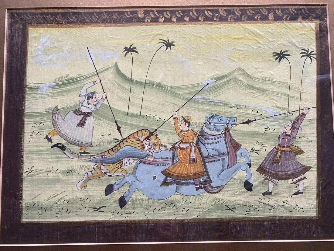 19th Century Rajasthan India Hunting Scene Paintings, Framed - a Pair - 2