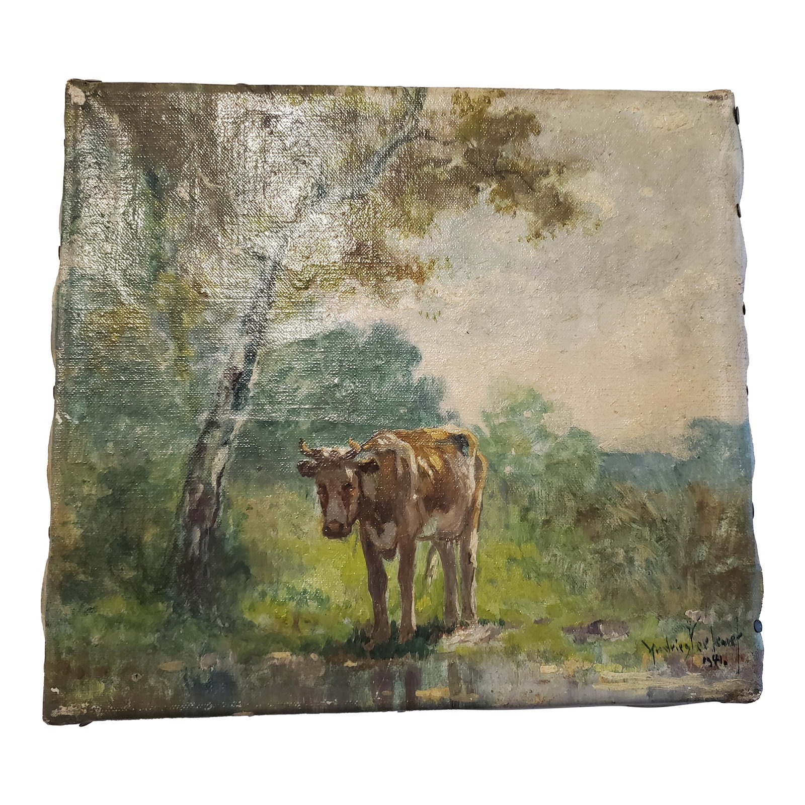 Landsacpe With Cow - Andries Verleur: Oil painting on canvas by Andries Verleur, Netherlands 1941. Canvas measures 9.5" x 8.5". Unframed. Condition: Alterations: Original Condition Unaltered Imperfections: Some Imperfections Condition