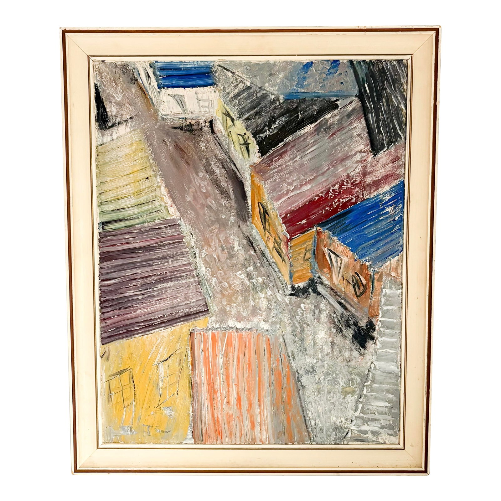 1950s Suburban Street Scene, Mixed Media on Board Landscape Painting: This semi-abstract landscape of houses on a street is equally as captivating as it is charming. The street scene exudes joy, vibrance and a child-like sense of wonder with an elevated understanding of