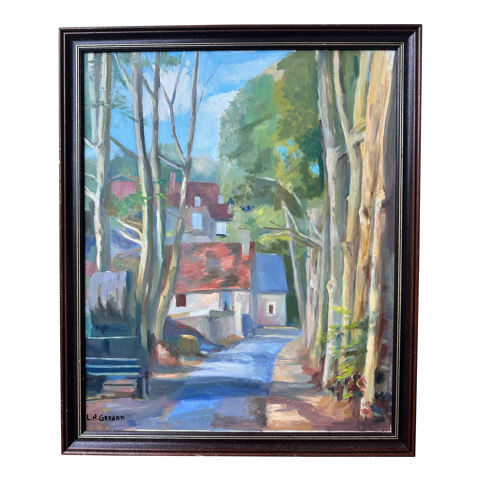 1990s Signed French Oil on Canvas Village Street Scene - Loire Valley, France - 22" * 26.5", Framed: Brought directly from the picturesque Loire Valley in France, this signed oil on canvas captures a tranquil village street lined with tall trees and charming red-roofed houses. Soft, impressionistic