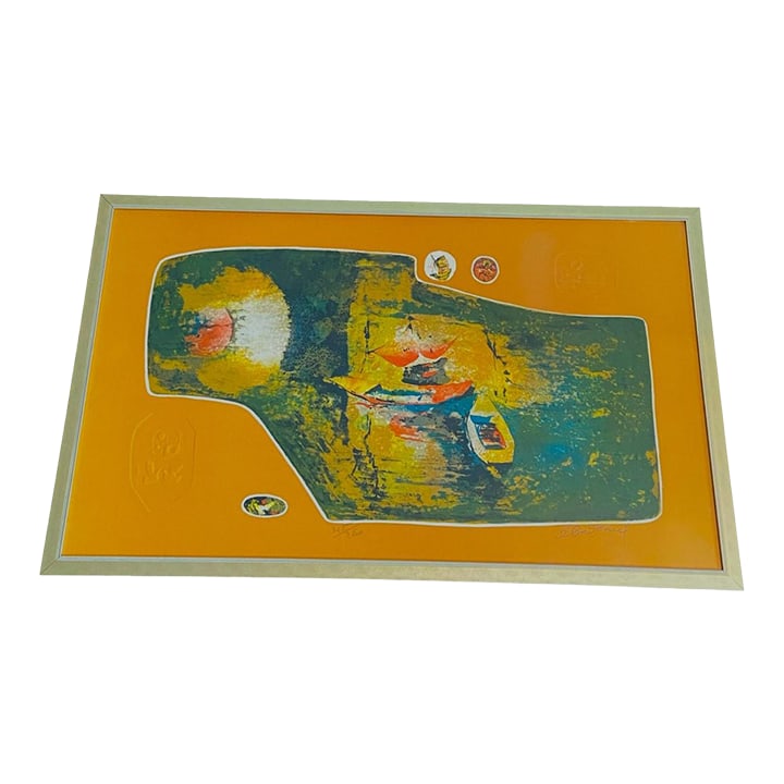 Hoi Lebadang Abstract Embossed Lithograph "Le Lac" Pencil Signed Numbered #215/260: Lithograph, signed and numbered in pencil, titled "Le Lac" ("The Lake") by Vietnamese-French artist, Hoi Lebadang (1922-2015). An abstract lake scene with fishing boats. This is a limited edition piec