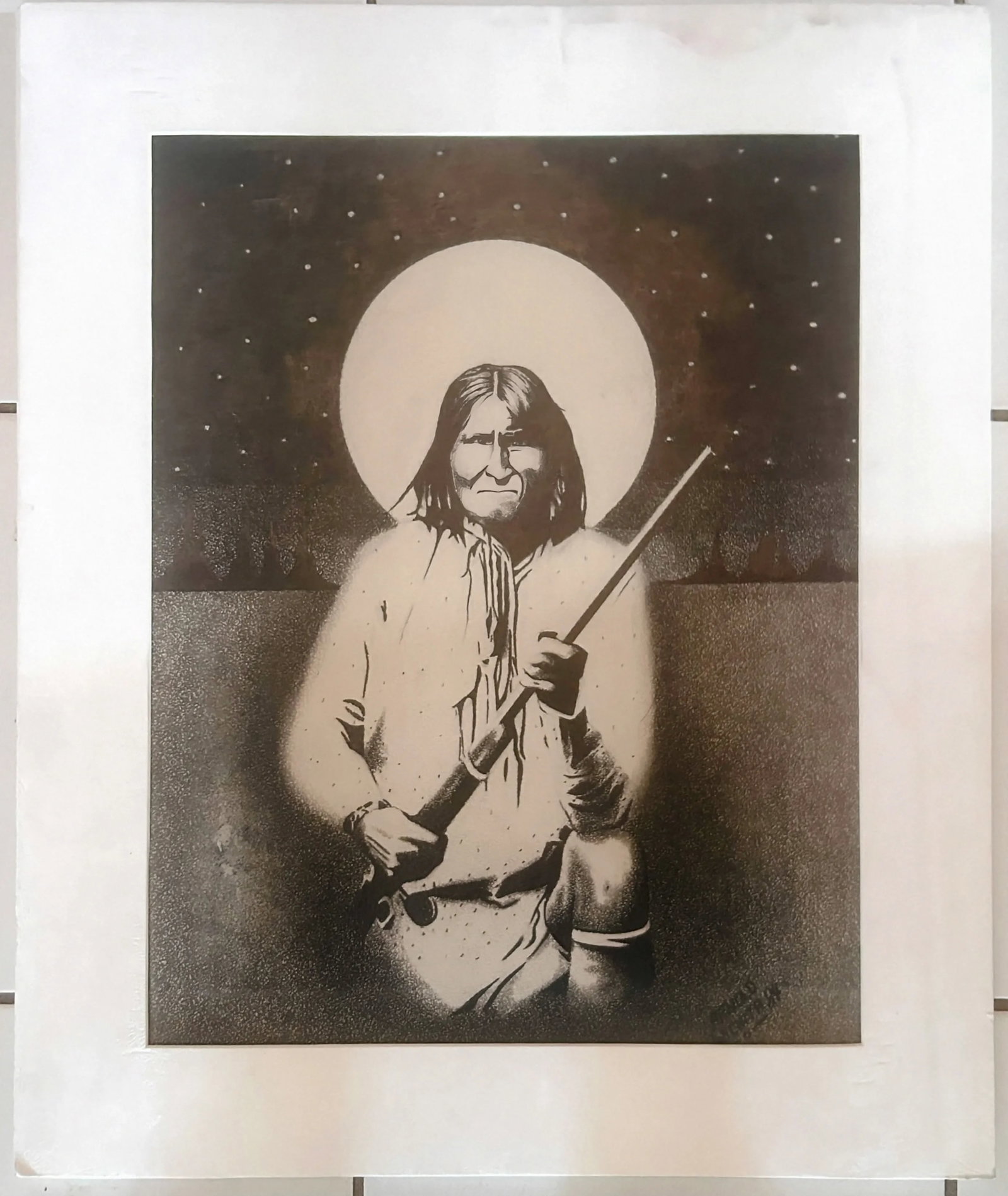 Vintage Original Signed "Geronimo" Graphite Drawing by Arnold Wichita - 11