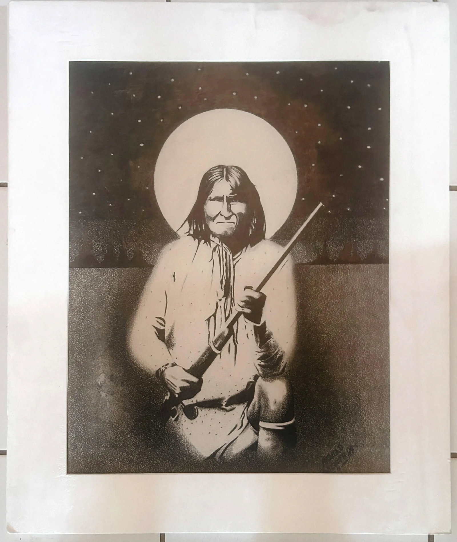 Vintage Original Signed "Geronimo" Graphite Drawing by Arnold Wichita - 2