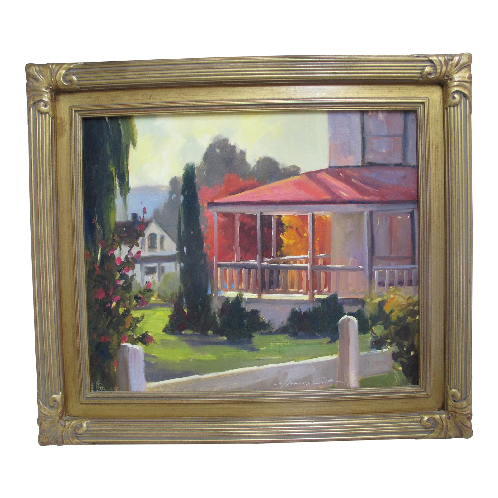 Howard Carr Gilt Frame Signed Oil Painting Summer in Los Olivos California: Howard Carr (1947, American/Arizona) original oil painting in gilt wood frame. Painting showing a Summer neighborhood scene in Los Olivos, California. Signed at lower right. Heavy wood frame measures 