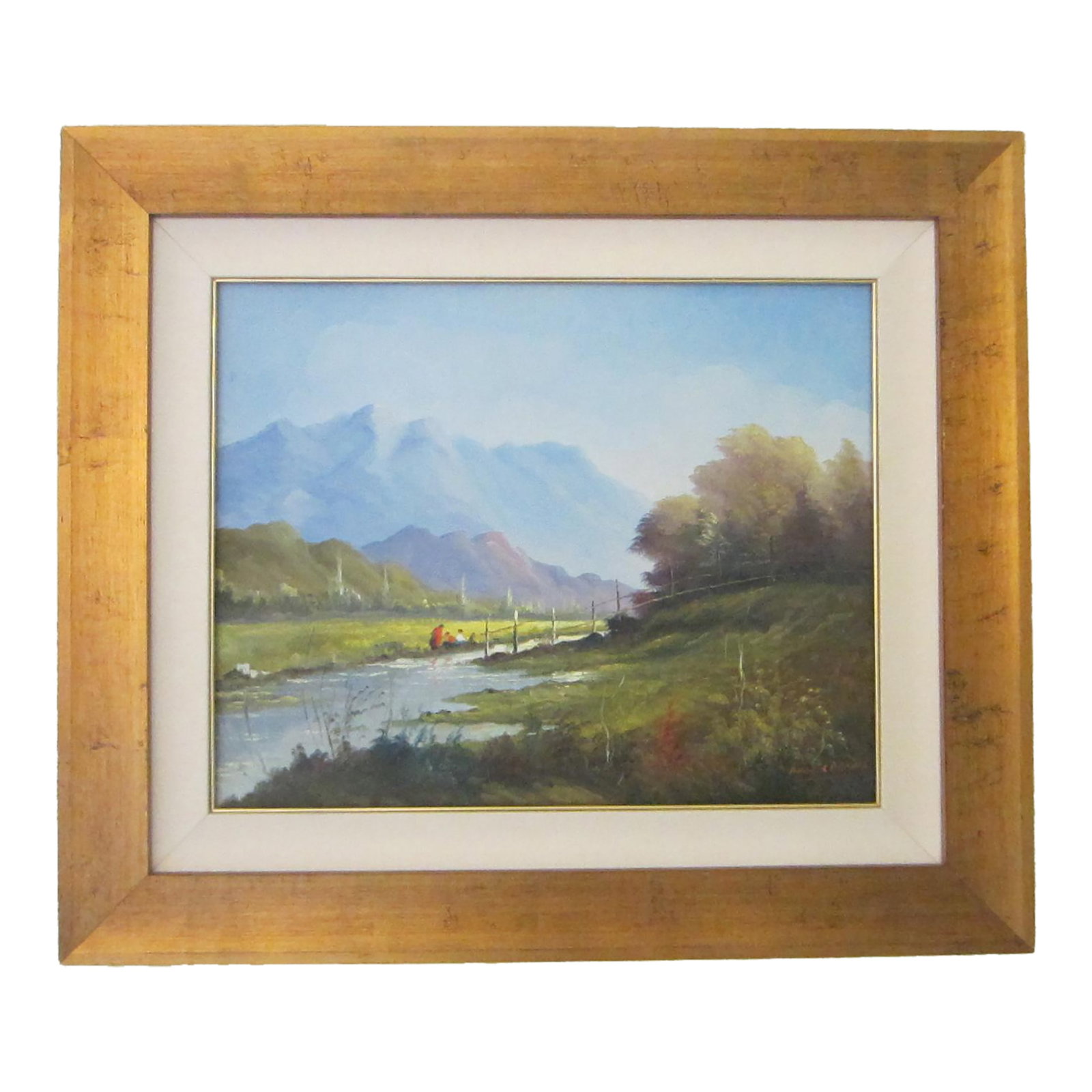1970s Andres Orpinas Landscape Impressionist Signed Oil on Canvas, Framed: A beautiful work of Andres Orpinas, inspiring landscape impressionist, incredible colors, blue sky, greenery, red figure focal. The condition is vintage excellent. Andres Orpinas moved to United State