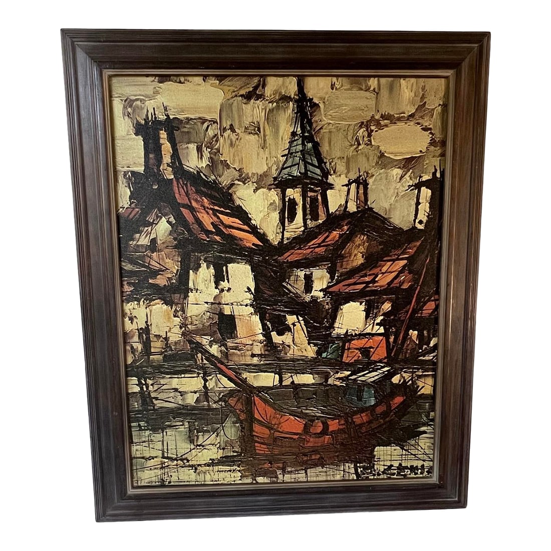 Mid Century Modern Impressionist Mediterranean Harbor Scene Print on Canvas Signed B.Lenil Abstract: we have for your consideration a very gorgeous vintage impressionist boat cityscape print on canvas painting . painting is on canvas and was done around the 1960s from what I was told it is not dated 