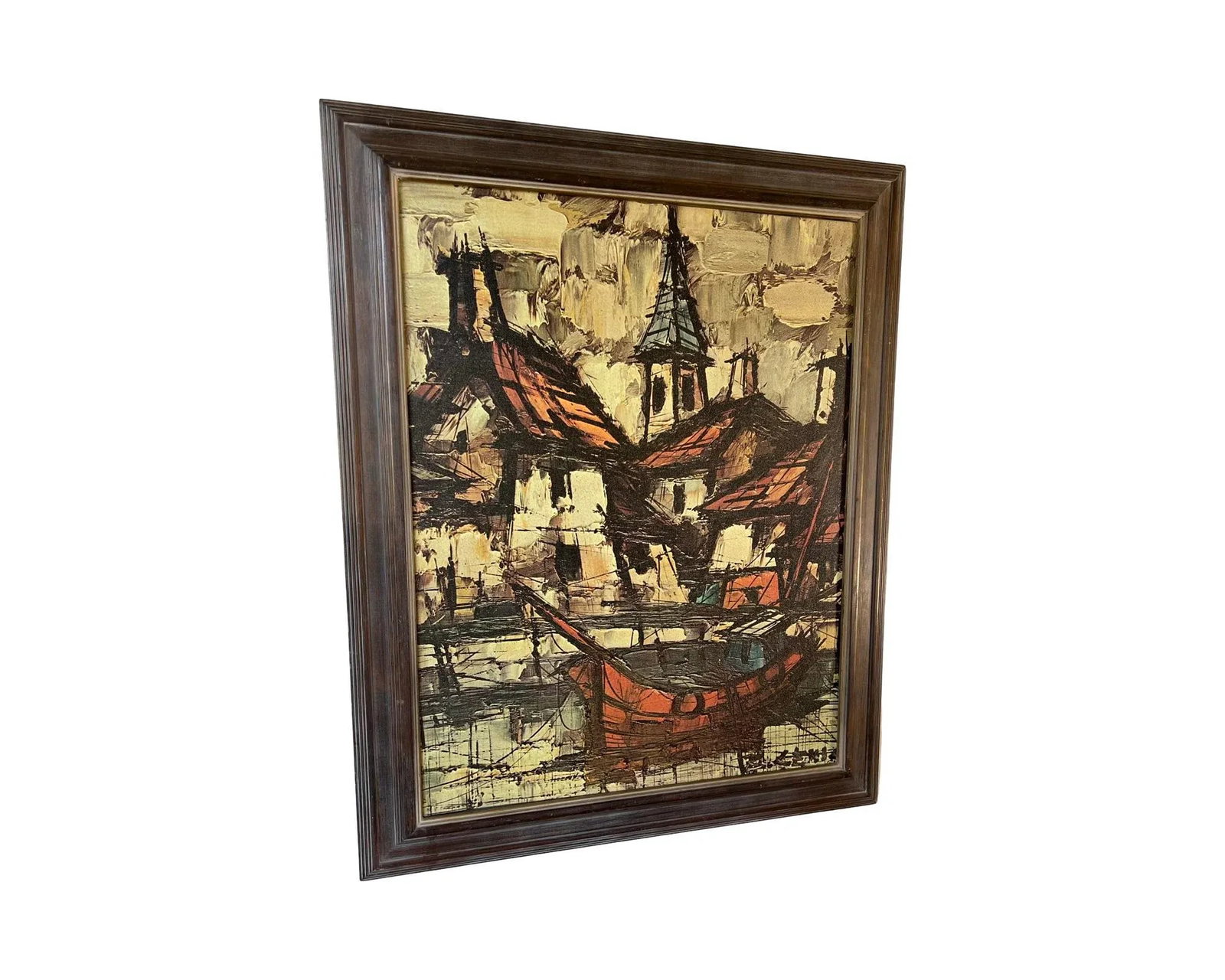 Mid Century Modern Impressionist Mediterranean Harbor Scene Print on Canvas Signed B.Lenil Abstract - 6