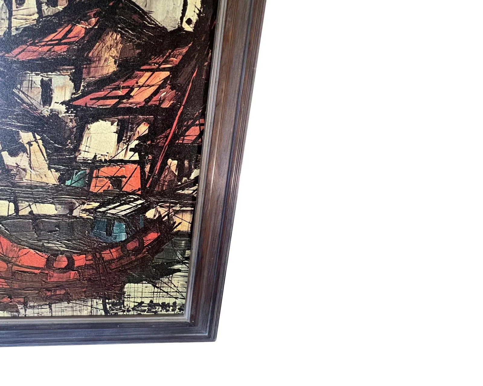 Mid Century Modern Impressionist Mediterranean Harbor Scene Print on Canvas Signed B.Lenil Abstract - 7
