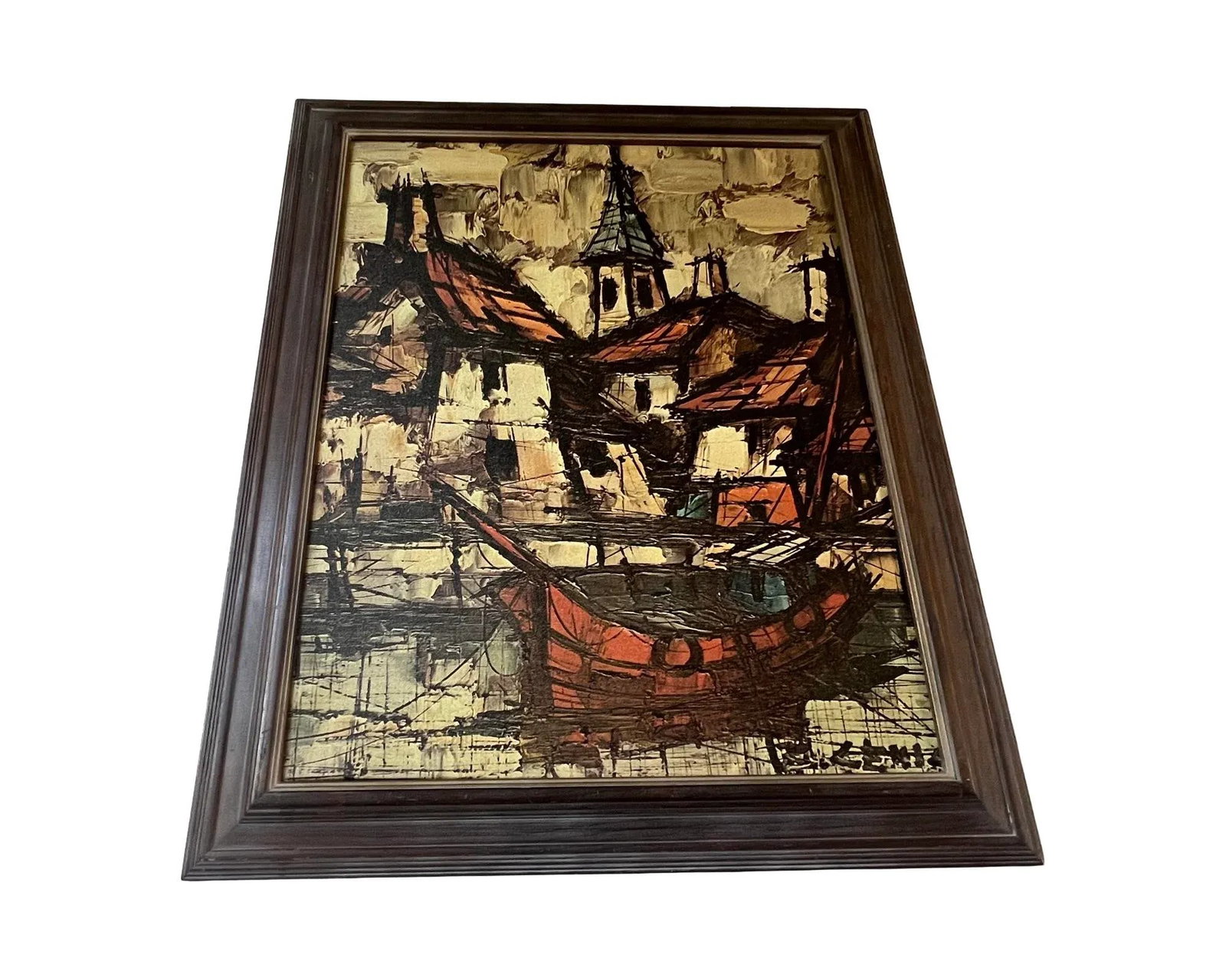 Mid Century Modern Impressionist Mediterranean Harbor Scene Print on Canvas Signed B.Lenil Abstract - 8
