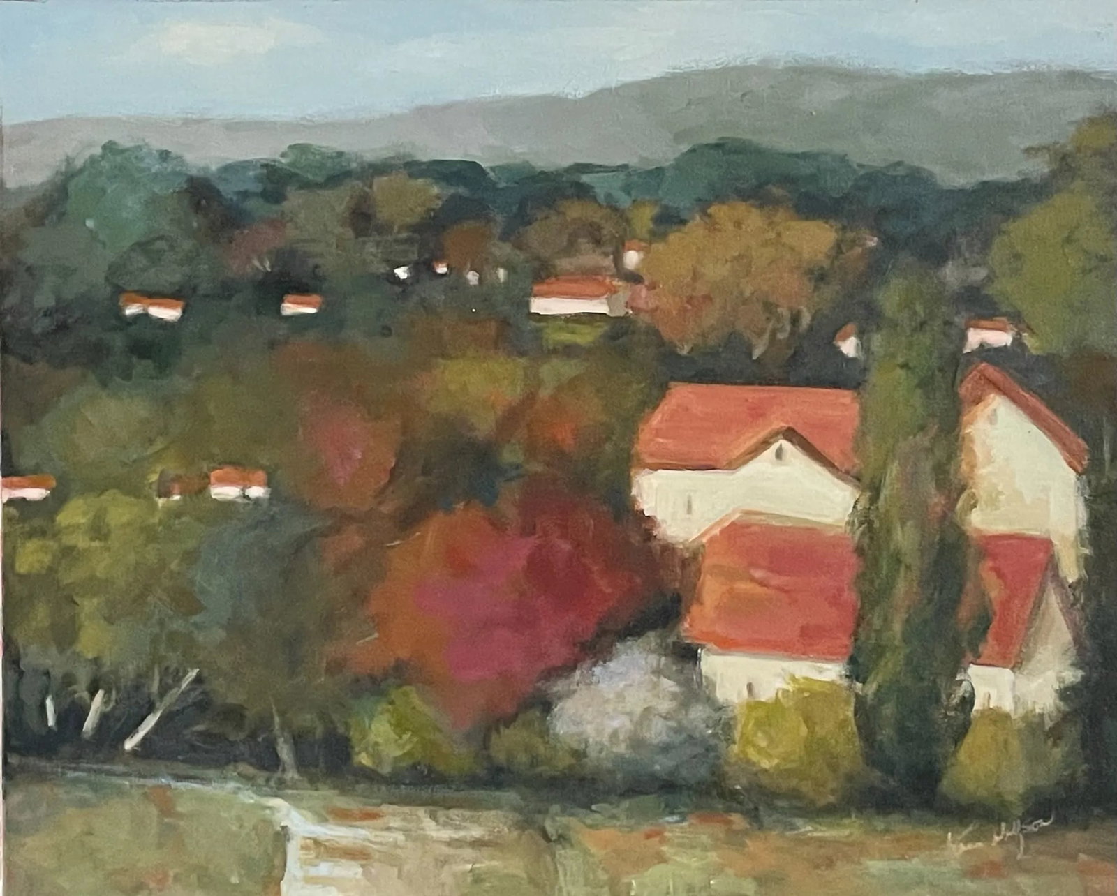 Karen Wolfson Red Tile Roofs Impressionist Signed Oil on Canvas (1 of 9)