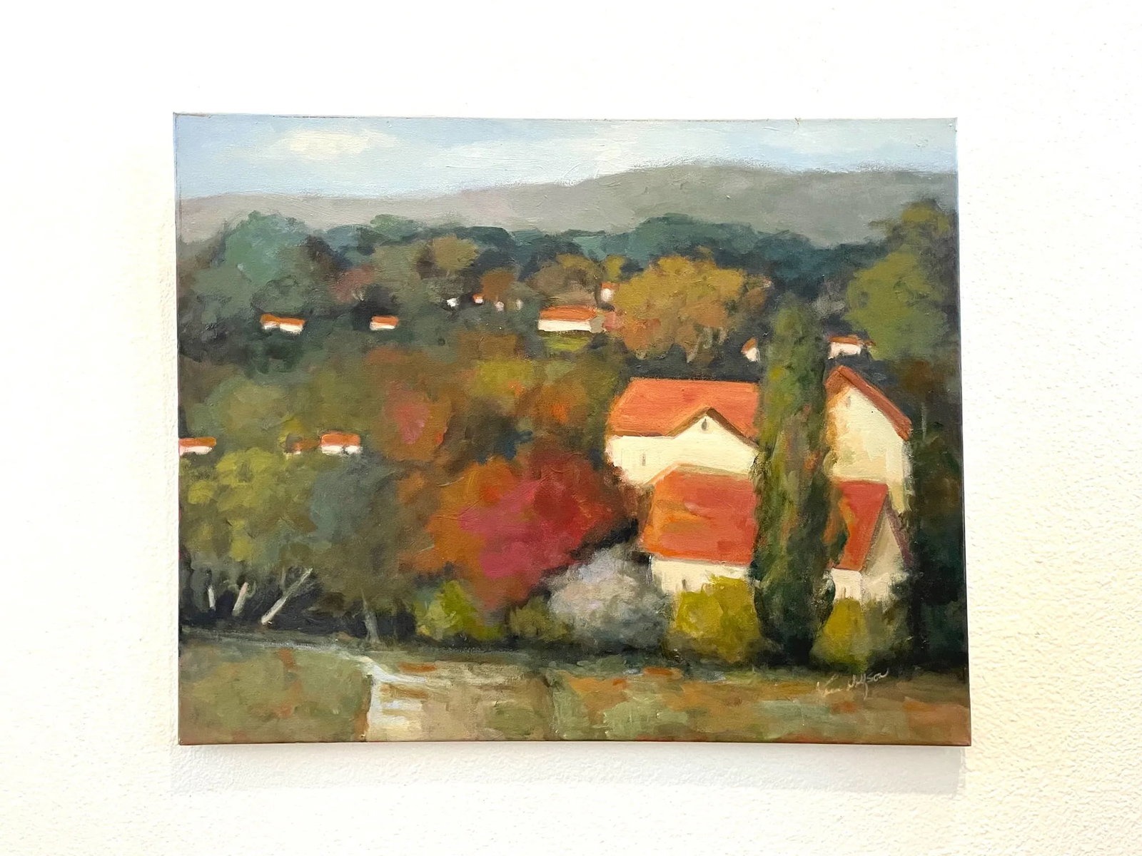 Karen Wolfson Red Tile Roofs Impressionist Signed Oil on Canvas - 5