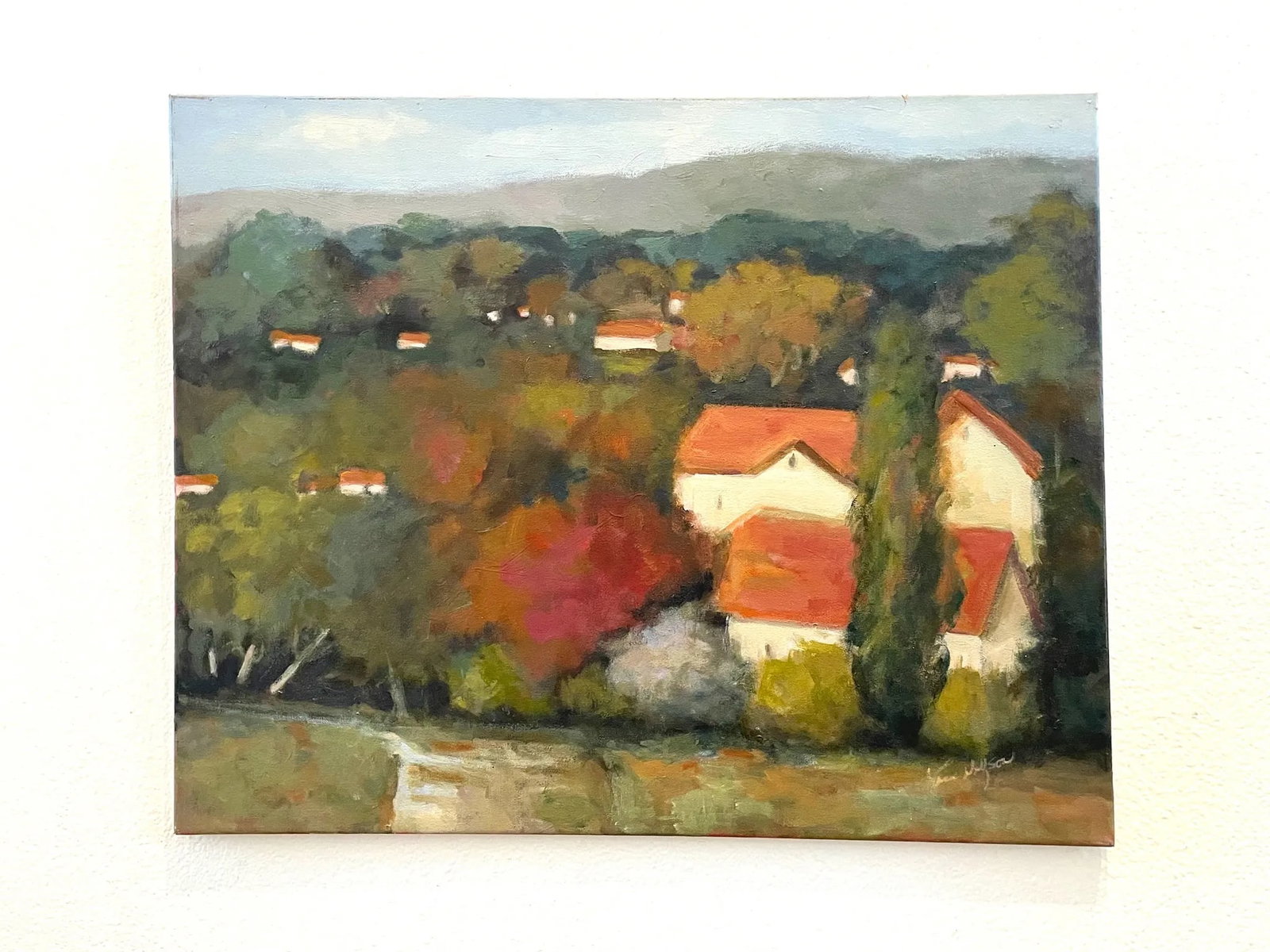 Karen Wolfson Red Tile Roofs Impressionist Signed Oil on Canvas - 6
