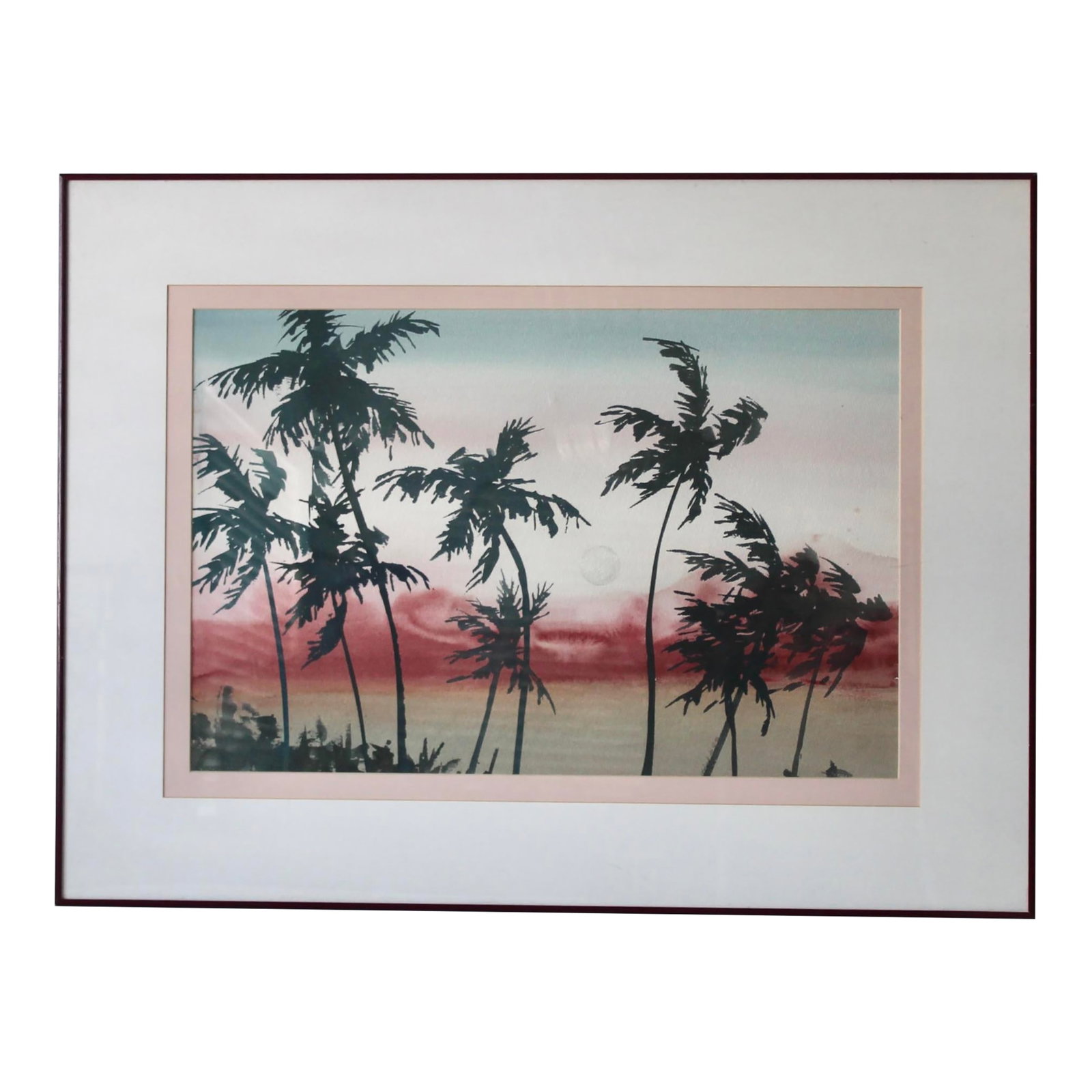 Original Nancy Balyeat Signed Watercolor Moon Palm Trees 1988: Original Nancy Balyeat Signed Water Color Moonrise over Palm Trees 1988. Nancy Balyeat is a Montana watercolor artist known to add small verses incorporated into the detail of her paintings. This piec