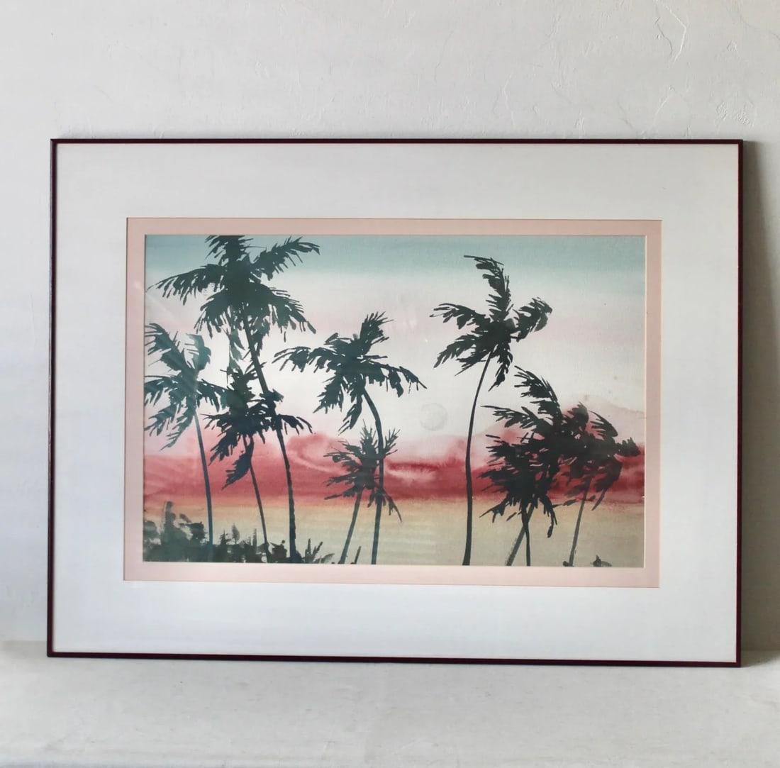 Original Nancy Balyeat Signed Watercolor Moon Palm Trees 1988 - 2