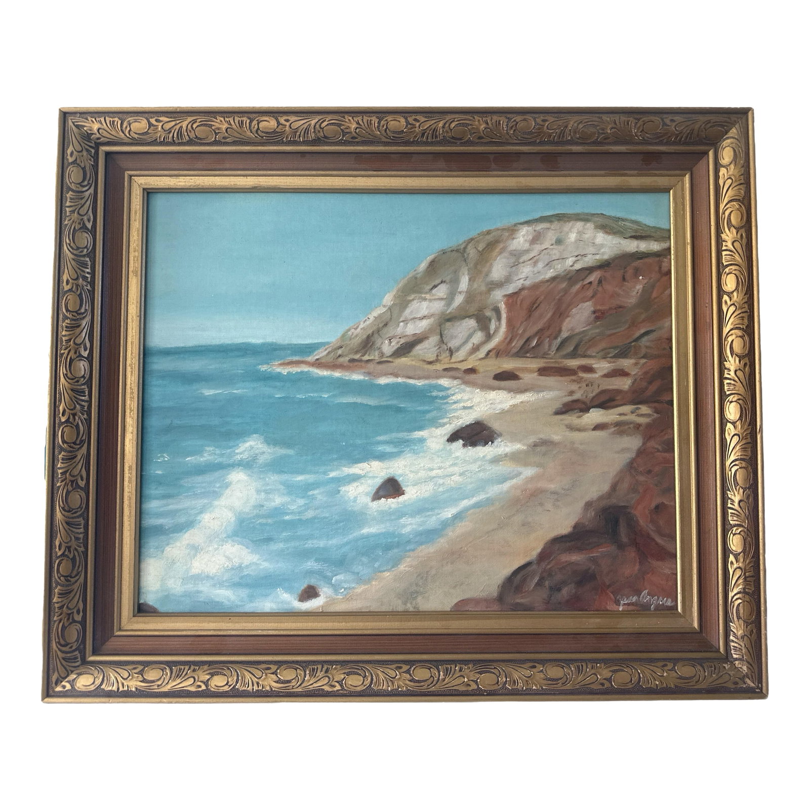 Pair of Coastal Seascapes Signed by Jean Angers, 1959: A beautiful pair of mid-century oil paintings signed by Jean Angers, dated 1959. Each depicts crashing waves along a rugged shoreline, rendered with expressive brushwork and rich coastal hues. Set in 