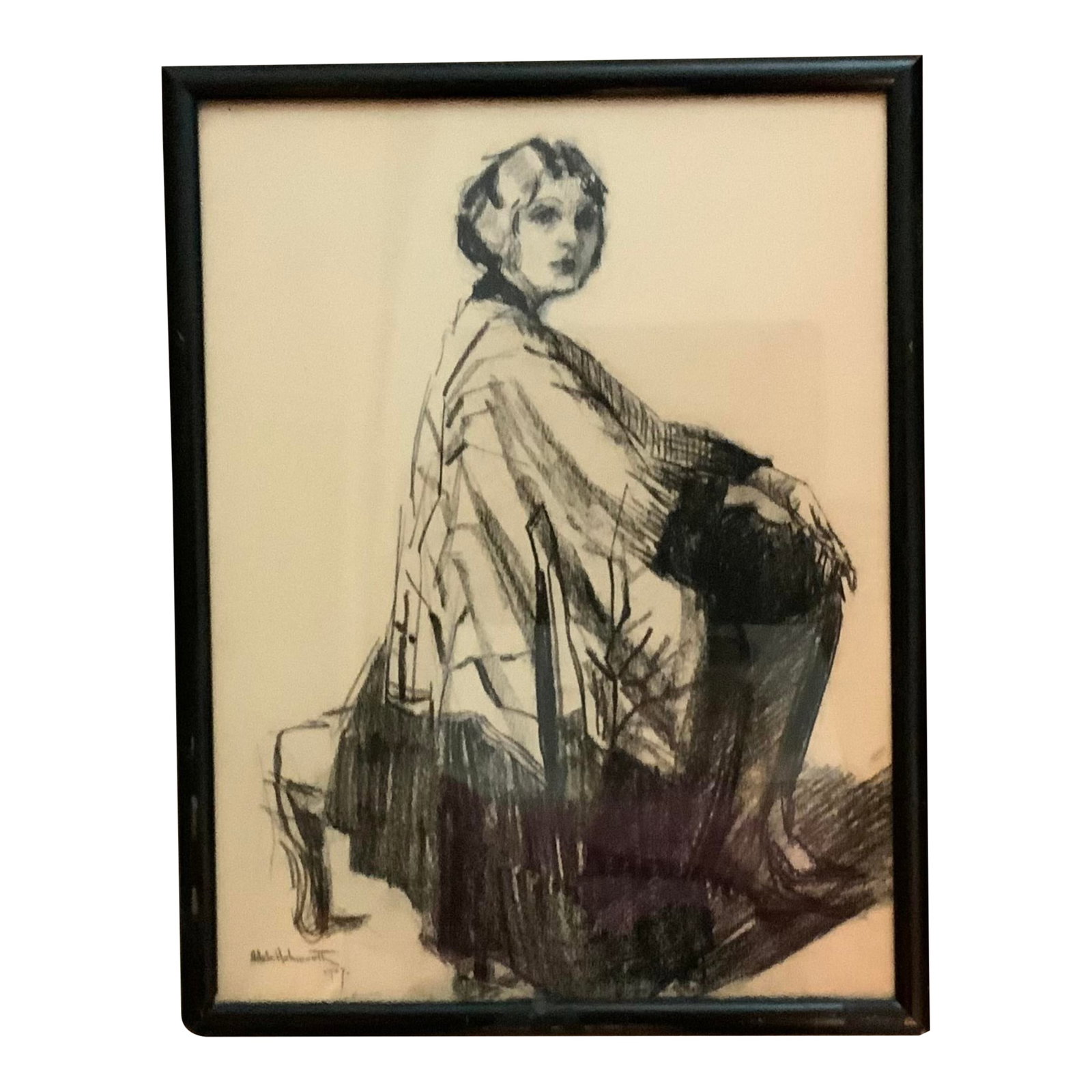 Portrait of Caroline Charcoal Painting: A signed 1927 Adele Ashworth charcoal of an elegant woman reflects the refined aesthetics and fashion sense of the 1920's. Artistically marked by a blend of sophistication and Modernity. Condition: Al