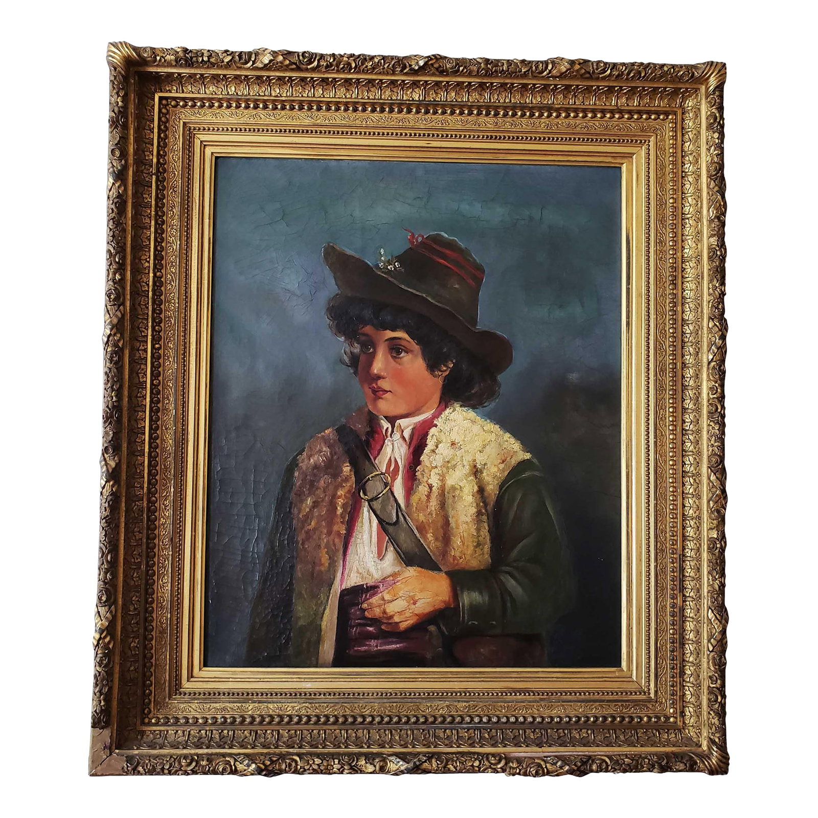 Shepherd Boy Painting in Original Gilt Frame: Was bought in Florence Italy in the late 1800's. Painting depicting a shepherd boy in his fleece vest and hat. The paining was restored in 1983, and does have cracking. It comes in it's original gilt