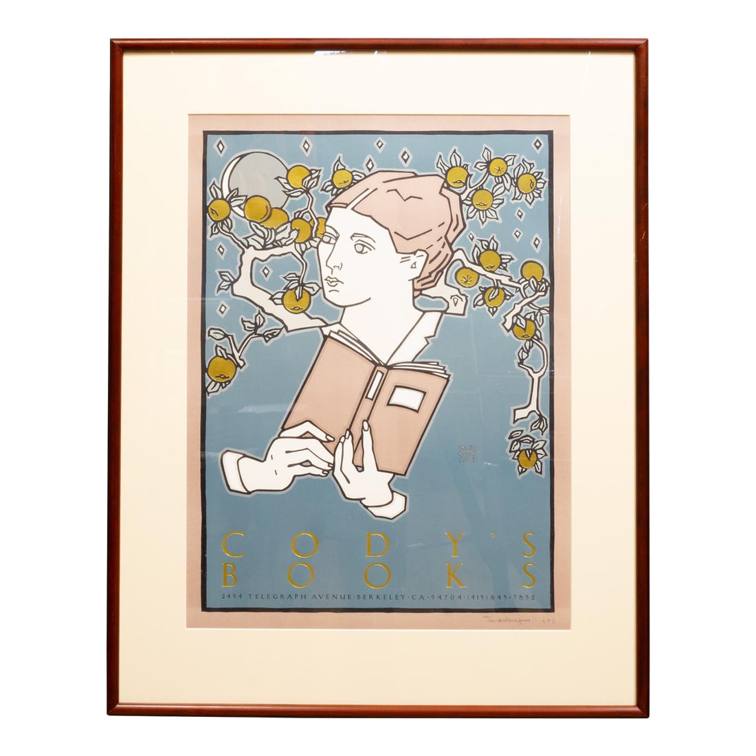 David Lance Goines, Cody's Books, Signed and Numbered Limited Edition, 1983: ABOUT An original lithograph framed poster "Cody's Books". Eleven-color offset lithograph poster including gold foil stamping. Commissioned by Andy Ross for the renowned Berkeley bookstore Cody's