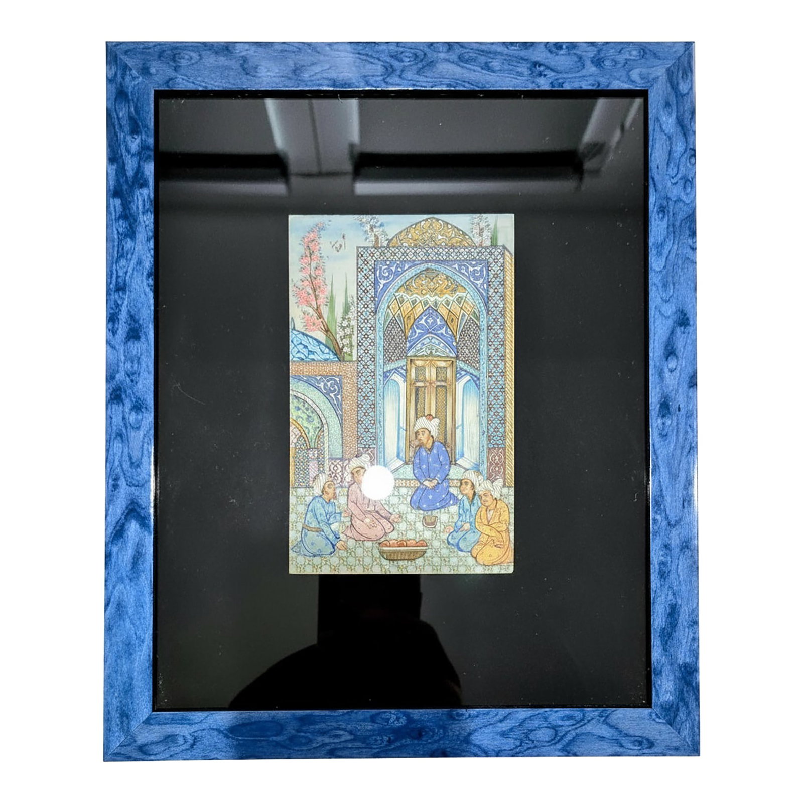 Persian Miniature by H. Ali Sajjadi, Hand-Painted Camel Bone Art - Isfahan, Iran - Framed in Addison: This exceptional collectible features a beautifully detailed Persian miniature, hand-painted on genuine camel bone by renowned Isfahan miniaturist H. (Hajji) Ali Sajjadi. A 20th-century revival piece 