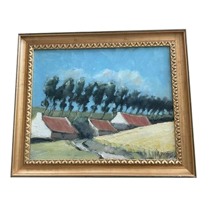 1980s Original Painting by J. Dupuis, Framed: Warm and inviting painting of French landscape by artist J. Dupuis. Found at a fantastic shop in the heart of Paris, this giltwood framed painting will brighten any space. Lovely size and beautiful sc