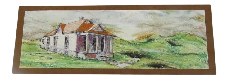 1980s Painting on Board Mountain House by Doug Post: Painting on board mountain house by Doug Post new frame. Doug Post was a local Denver graphic designer who enjoyed painting on many different materials, using whatever was at hand such as canvas, butc