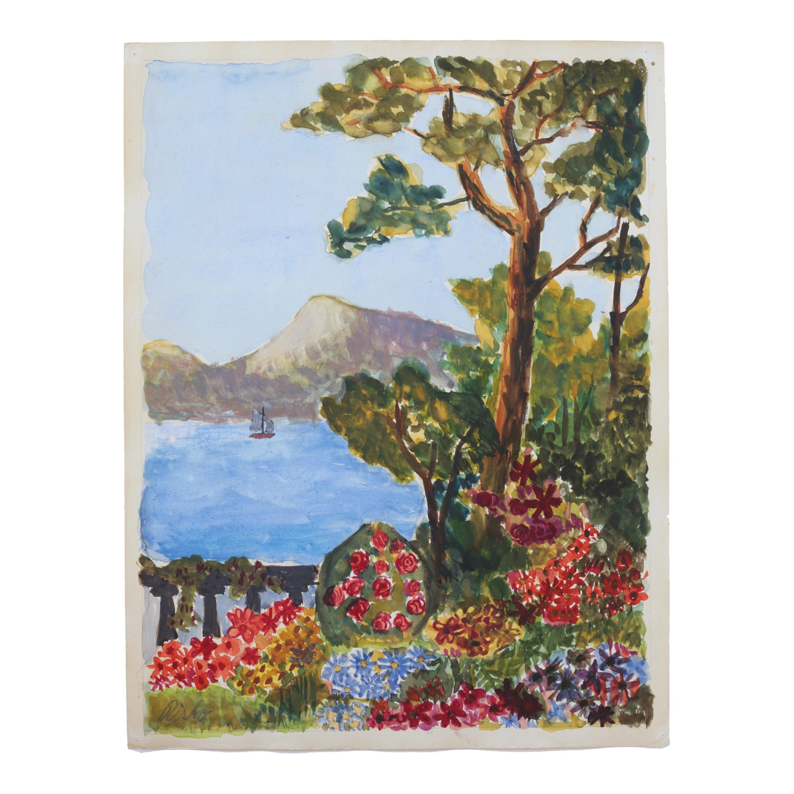 Mid-Century 50s Amalfi Coast Landscape Outsider Folk Art Water Color Painting: Original ca 1950 Impressionist Landscape Water Color Painting, Swedish student work, unsigned. Landscape reminiscent of Amalfi Coast, Mediterranean Sea. The use of bright, varied colors and the way li