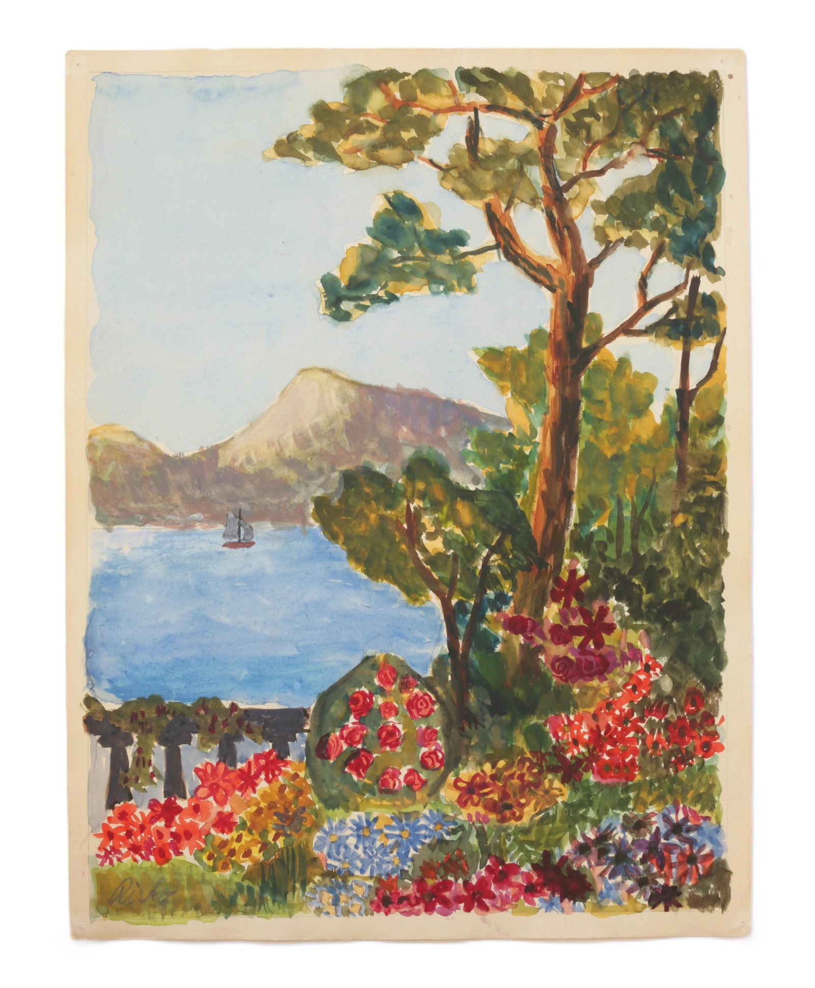 Mid-Century 50s Amalfi Coast Landscape Outsider Folk Art Water Color Painting - 6