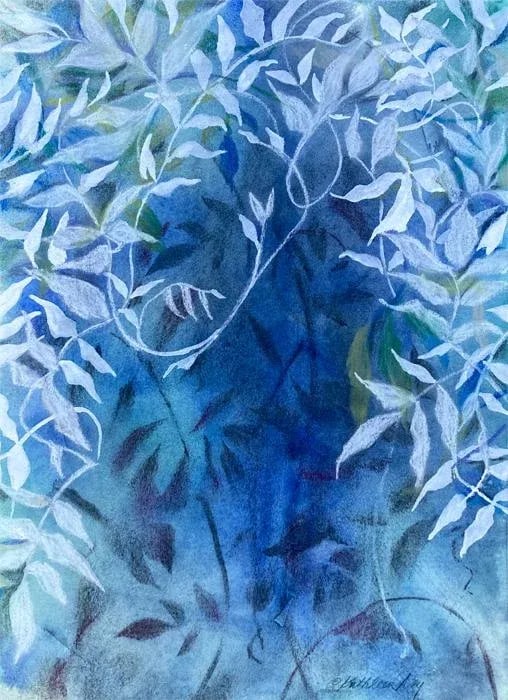 Blue and White, "Vine 2" Contemporary Botanical Mixed-Media Painting by Kathleen Ney: Semi abstract botanical painting. Wisteria vines are so romantic and prolific! This is a signed original fine art mixed media painting by Washington state artist Kathleen Ney. Would be lovely as a