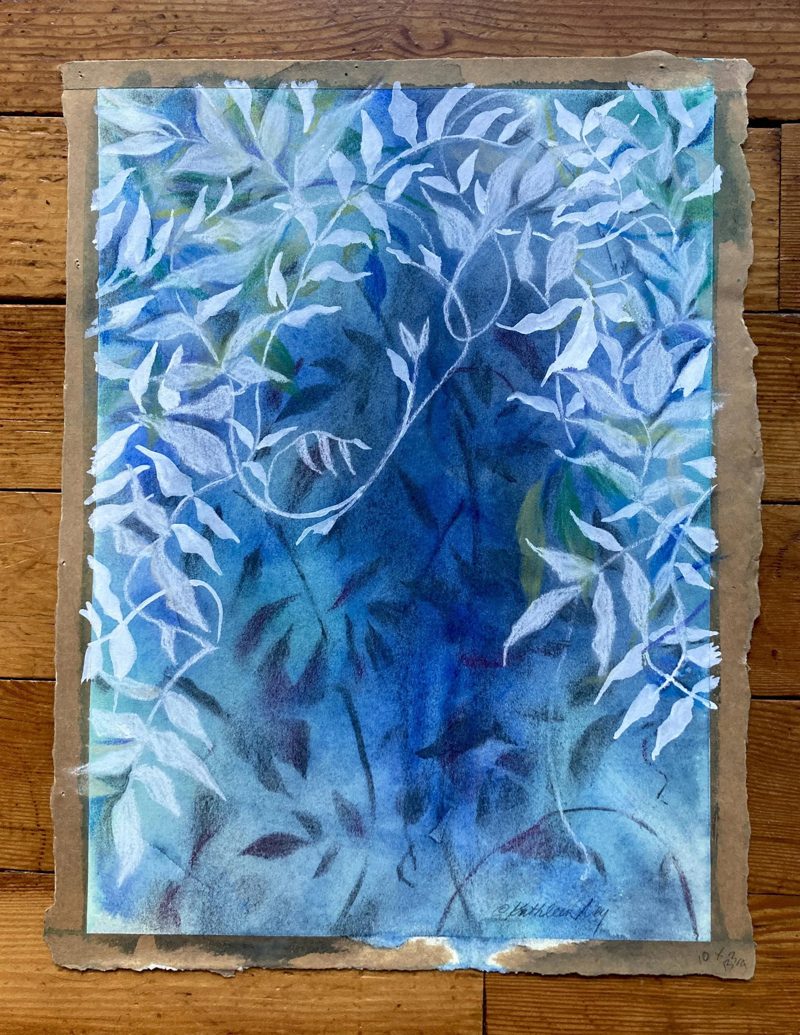 Blue and White, "Vine 2" Contemporary Botanical Mixed-Media Painting by Kathleen Ney - 3