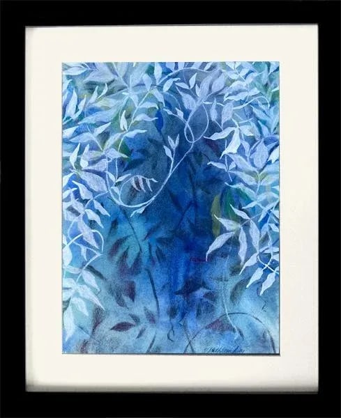 Blue and White, "Vine 2" Contemporary Botanical Mixed-Media Painting by Kathleen Ney - 4