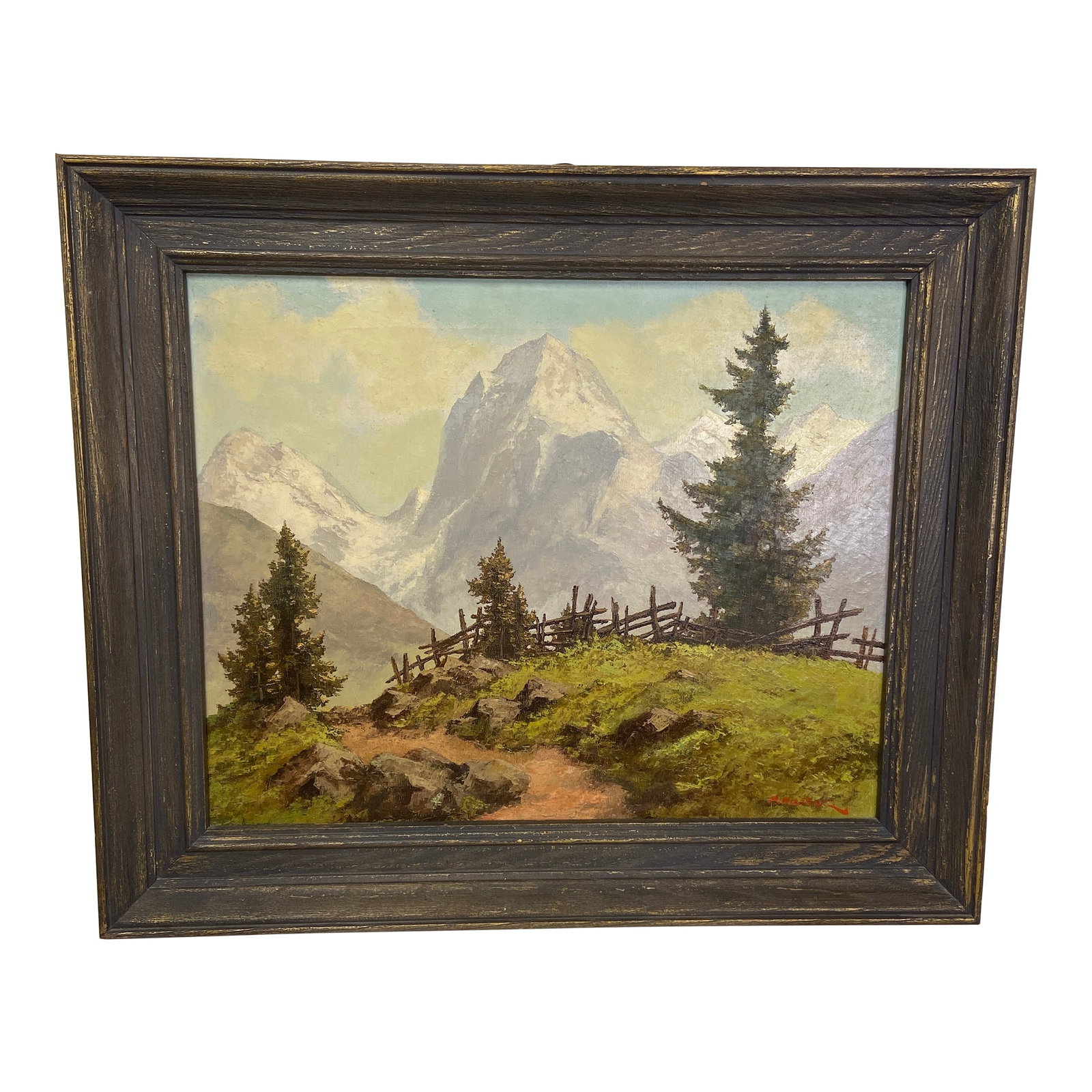 Mid 20th Century Vintage Alpine Mountain Oil Painting by Paul Haller - Framed Landscape Scene: 20.25x161/8 Capture the majestic beauty of the Alps with this vintage oil painting by listed Swiss artist Paul Haller. Titled Mount Scene and distributed by The W. T. Burger Co., this serene compositi