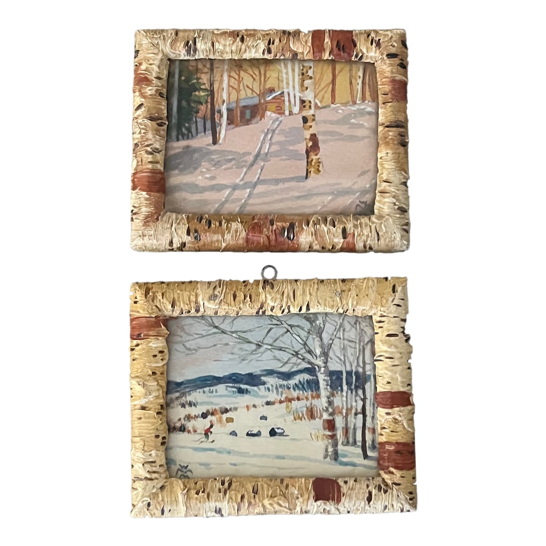 Willard Morse Mitchell Minature Watercolor Paintings, C. 1941- Set of 2: Set of two collectible Canadian folk art paintings by Willard Morse Mitchell (1789-1955). Mitchell made and painted the frames himself as well. His description of the paintings is detailed on the reve