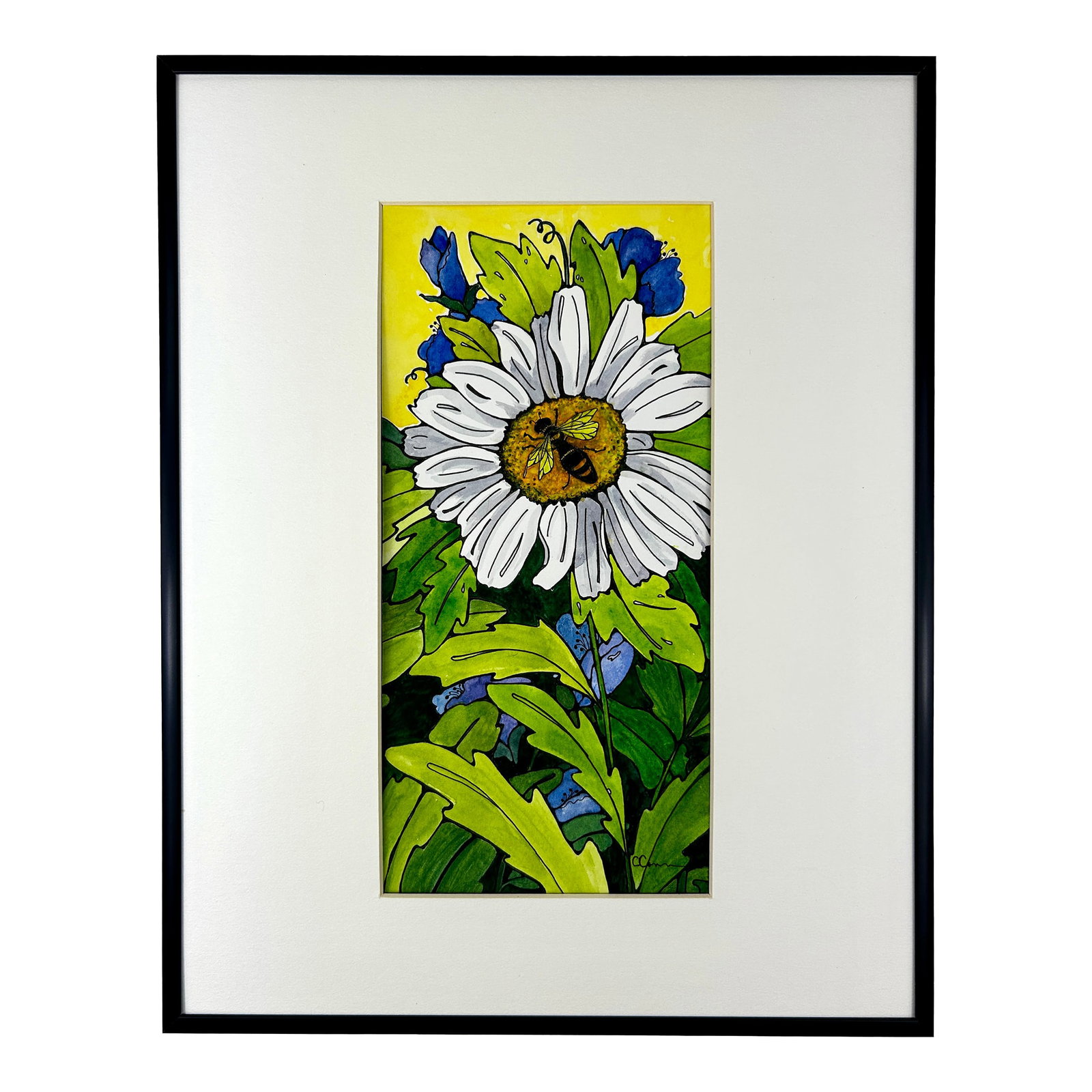 Giclee Fine Art Print Framed Watercolor Small Fine Art "White Daisy": Framed. Watercolor fine art Giclee print of a painting of a "White daisy" in my garden. Custom Framed as shown with black metal aluminum frame. 11 x 14 x 1 inches. The artwork is 5 x 10.5 inches. I