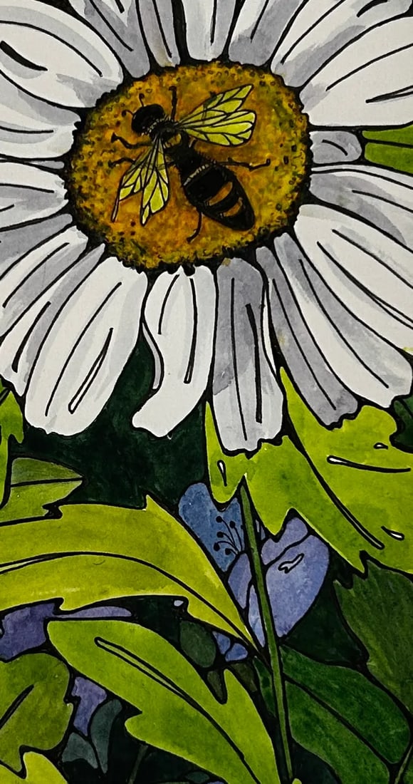 Giclee Fine Art Print Framed Watercolor Small Fine Art "White Daisy" - 3