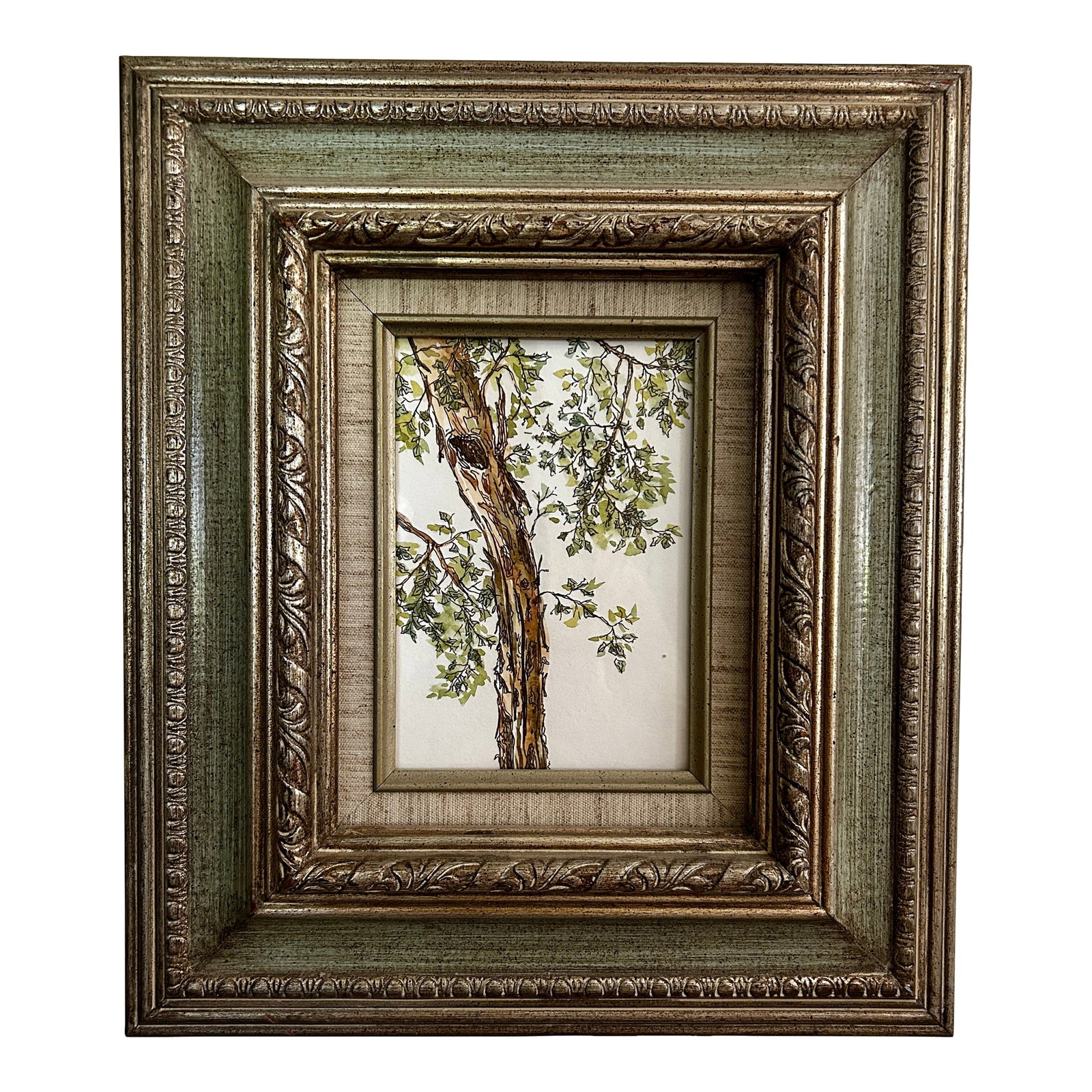 Original Watercolor Small Painting "Eucalyptus Tree" Framed: Original watercolor ink and wash painting of my "eucalyptus tree"near Palm Springs, California where eucalyptus trees grow well in the hot climate. The painting is framed in a vintage frame. The