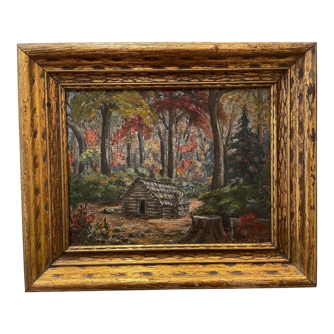 1947 Jim Remine Tennessee Cabin Oil on Board Painting: Oil on board by Jim Remine of an Appalachian cabin in East Tennessee or western Virginia. Signed and dated 1947 lower right. Panel size: 12 x 15.25 inches Frame size: 17.25 x 20/75 inches Condition: A