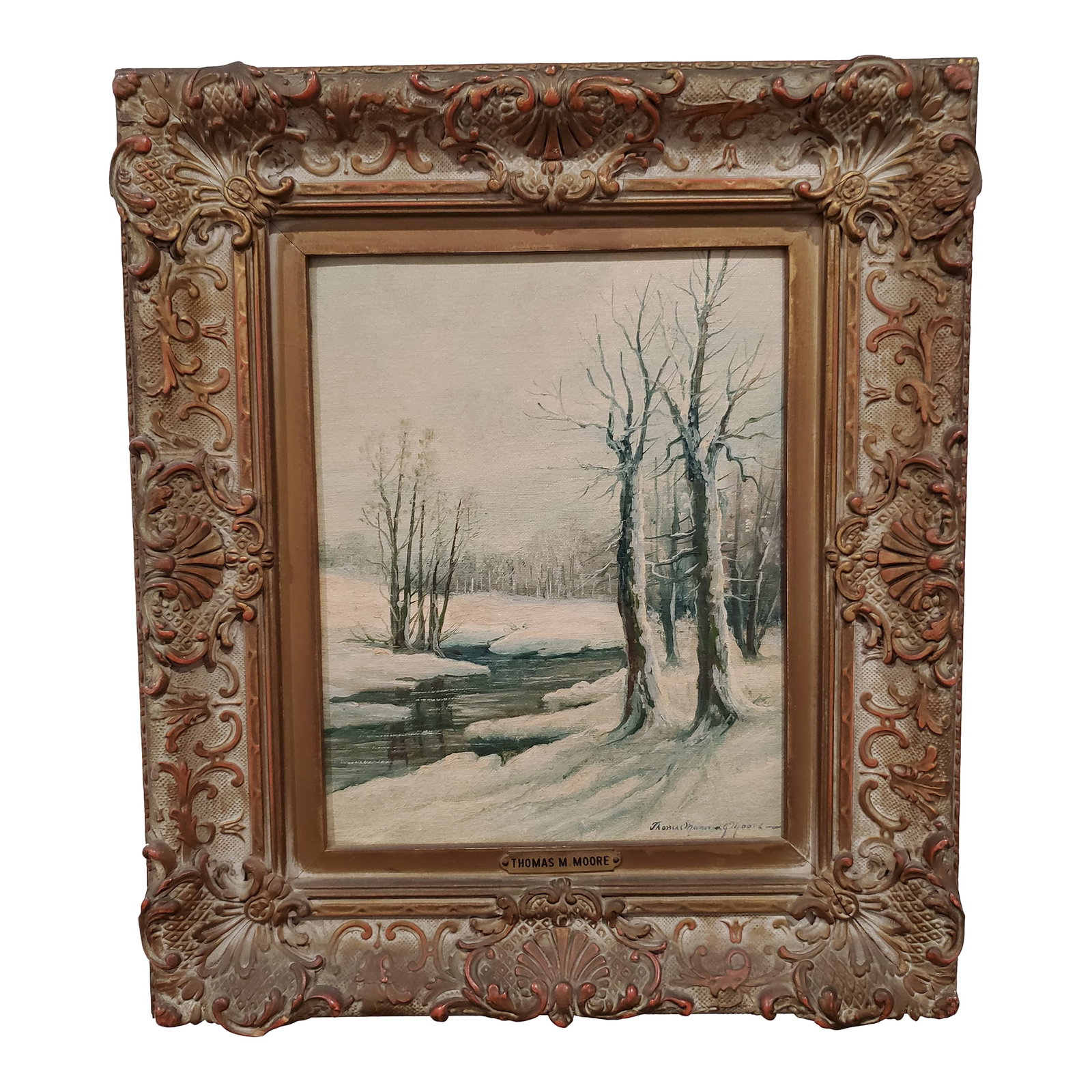 Winter Landscape - Thomas Manning Moore: Oil on Board of winter landscape from the 1940s. Signed by artist and framed. Thomas Manning Moore 1900-1949. Painting is 8"x10". Condition: Alterations: Original Condition Unaltered Imperfections:
