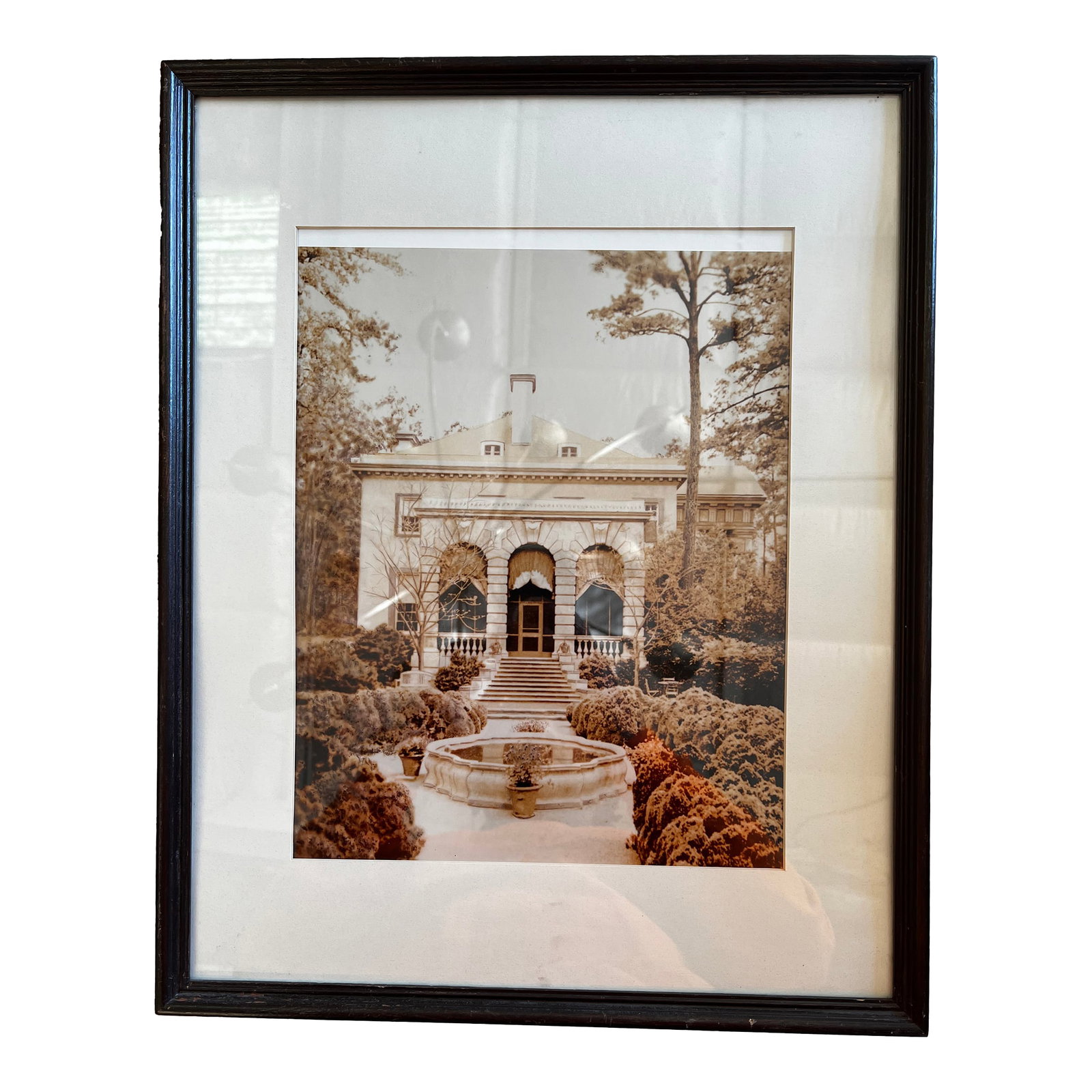 Swan House Photograph C. 1927 1 of 2: Framed sepia-toned photograph of the Swan House, circa 1927. The image captures the front facade of the grand Classical Revival mansion in Atlanta, Georgia, designed by architect Philip Trammell