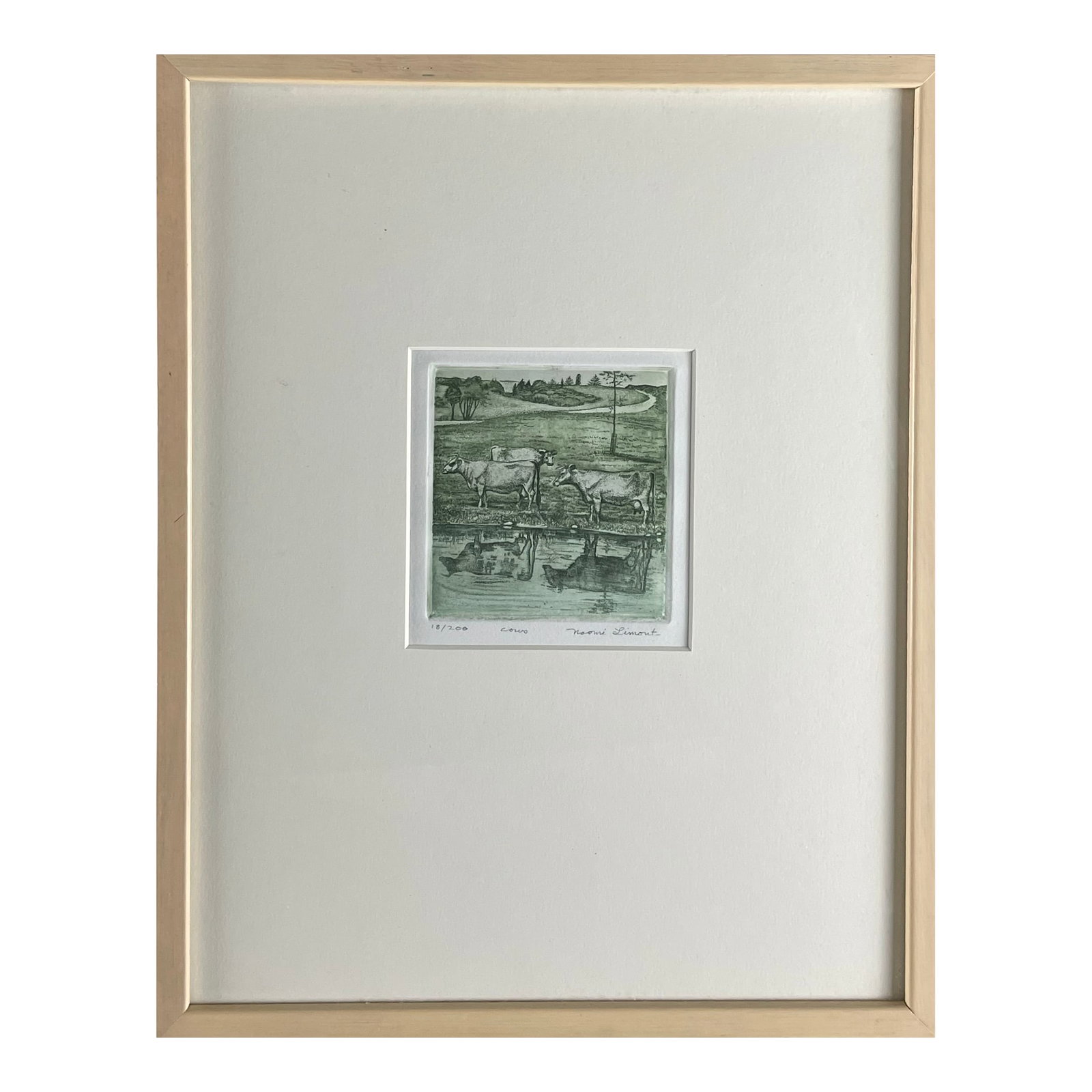 1980s Naomi Limont "Cows" Signed Print (18/200): Naomi Charles Limont (Eastern Pennsylvania, 1929-2010), "Cows" print, signed and numbered 18/200. Matted and framed intaglio print, one of several farm scenes, ca. 1980s. Award-winning printmaker and