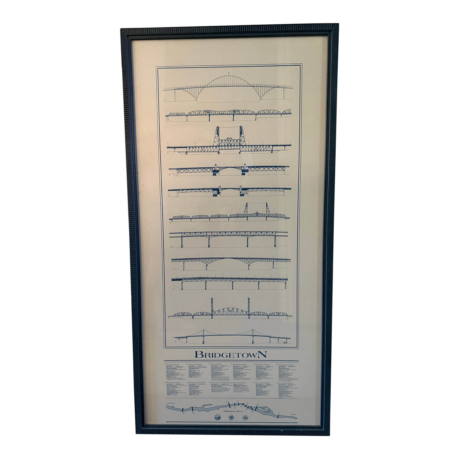 Bridgetown Limited Edition Framed Poster: Limited edition poster produced by Bridgetown Printers, Portland OR early 2000's. Features line drawings of 11 bridges that span the Willamette River. Professionally framed. Condition: Alterations: