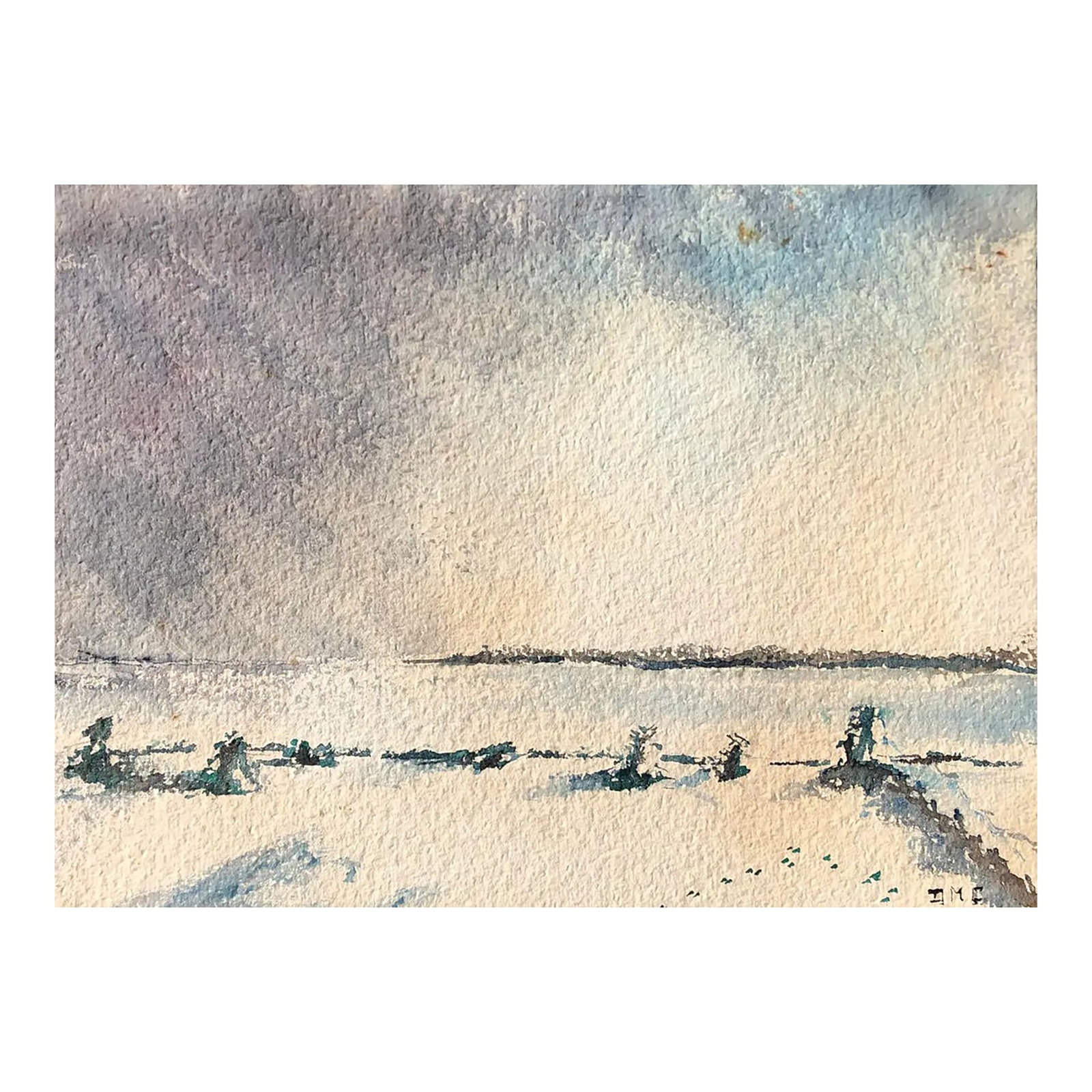 1960s Coastal Watercolor Landscape: Watercolor painting of a harbor or bay signed "DMC" lower right. Combined shipping available, please inquire. Shipping times are significantly less than Chairish estimates. Condition: Alterations: