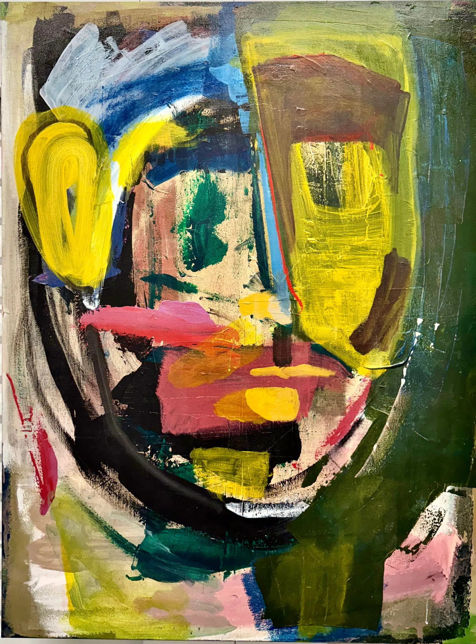 Original Abstract Expressionist Oil and Acrylic Portrait: A vivid and emotionally charged abstract portrait, this work explores the tension between identity and perception through layered color and gesture. Bold strokes of ochre, crimson, and emerald