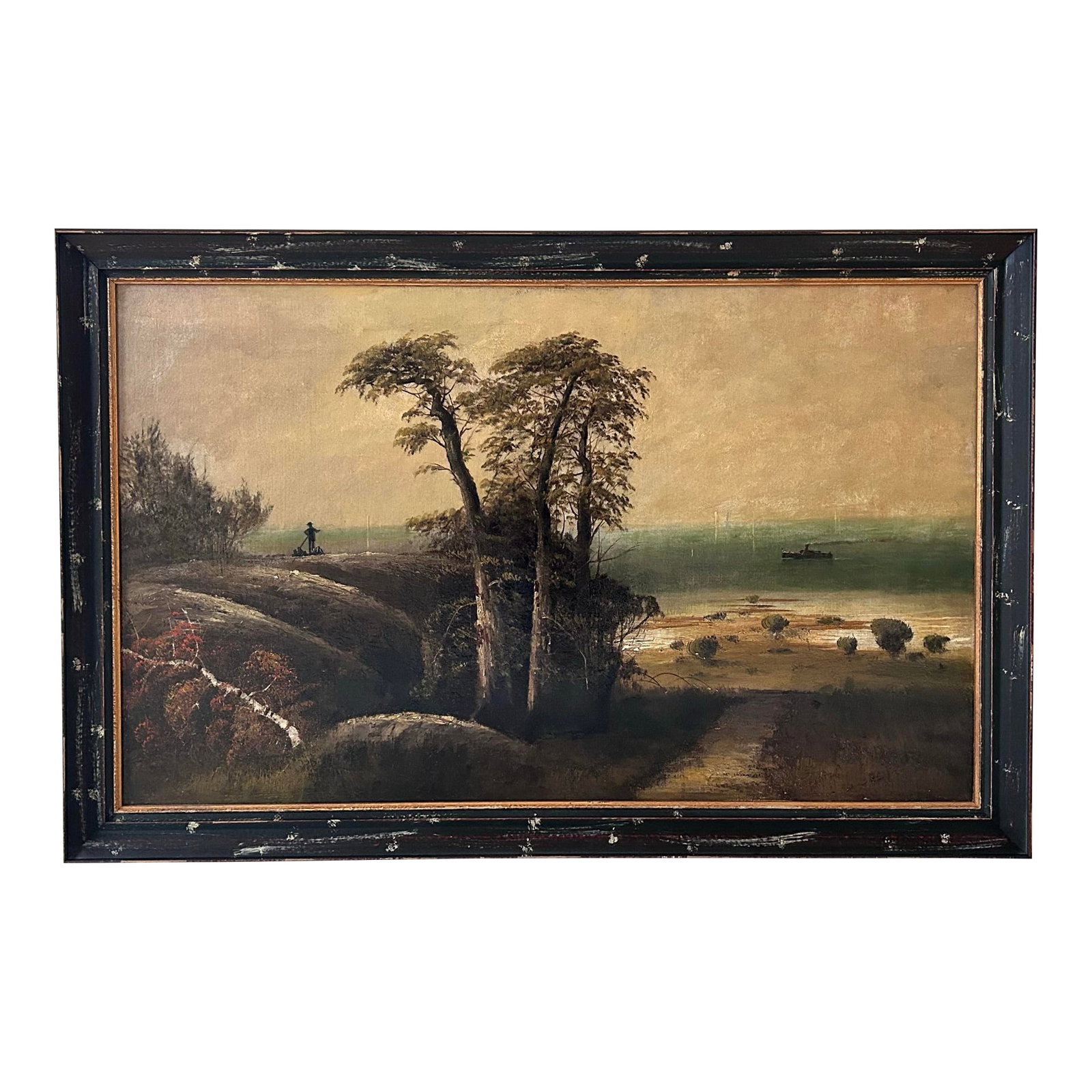 19thC Large Hudson River School Naive Style Landscape Painting: Lovely 19th century landscape oil on board in the Hudson River style. The painting is unsigned and definitely has a naive feeling to it. The frame is NOT original to the piece but certainly compliment