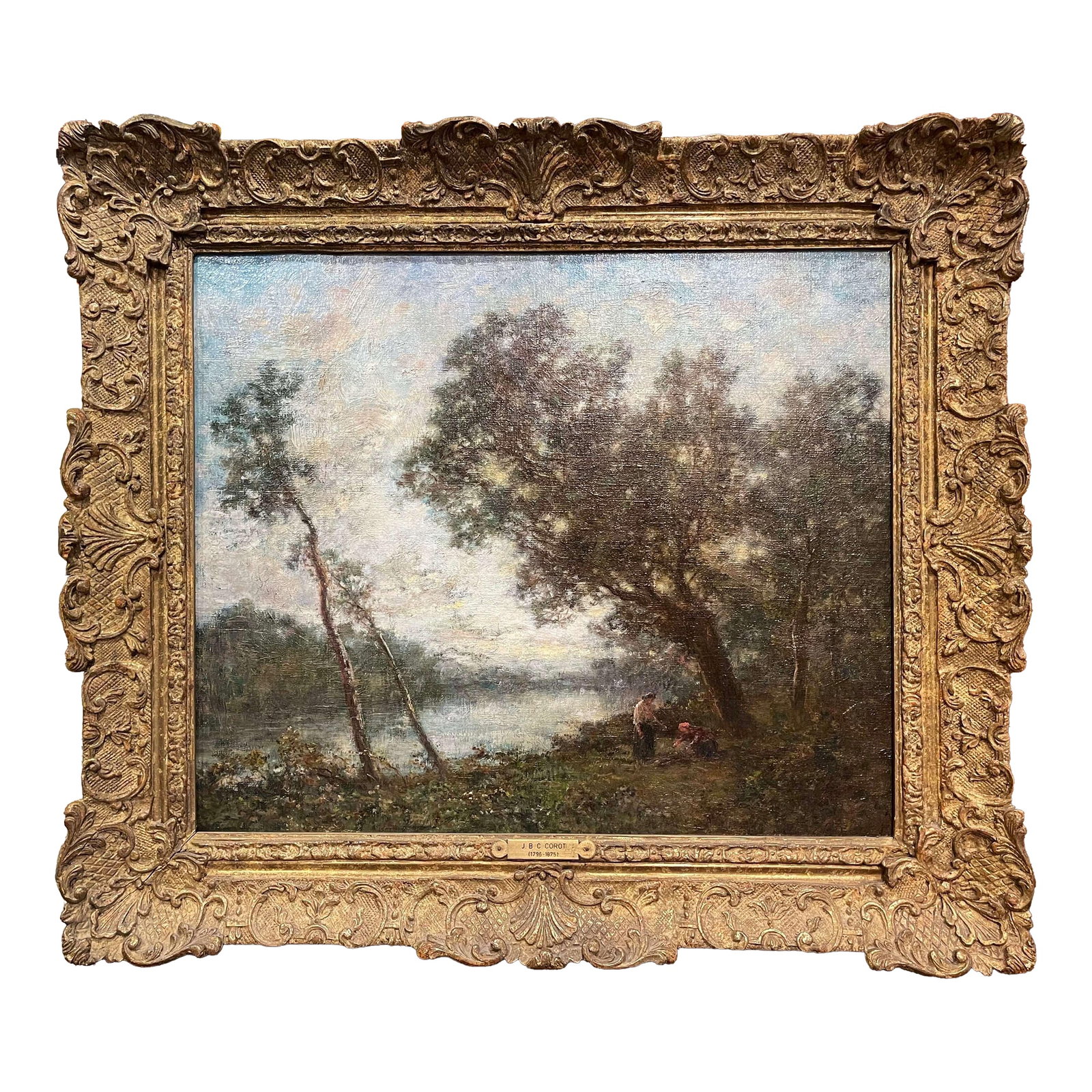19th Century French Landscape Painting Signed Corot in Original Giltwood Frame: Decorate a study or dining room with this elegant French oil on canvas landscape, set in its original carved giltwood frame. Painted circa 1870 and signed "Corot" in red at the lower right corner,