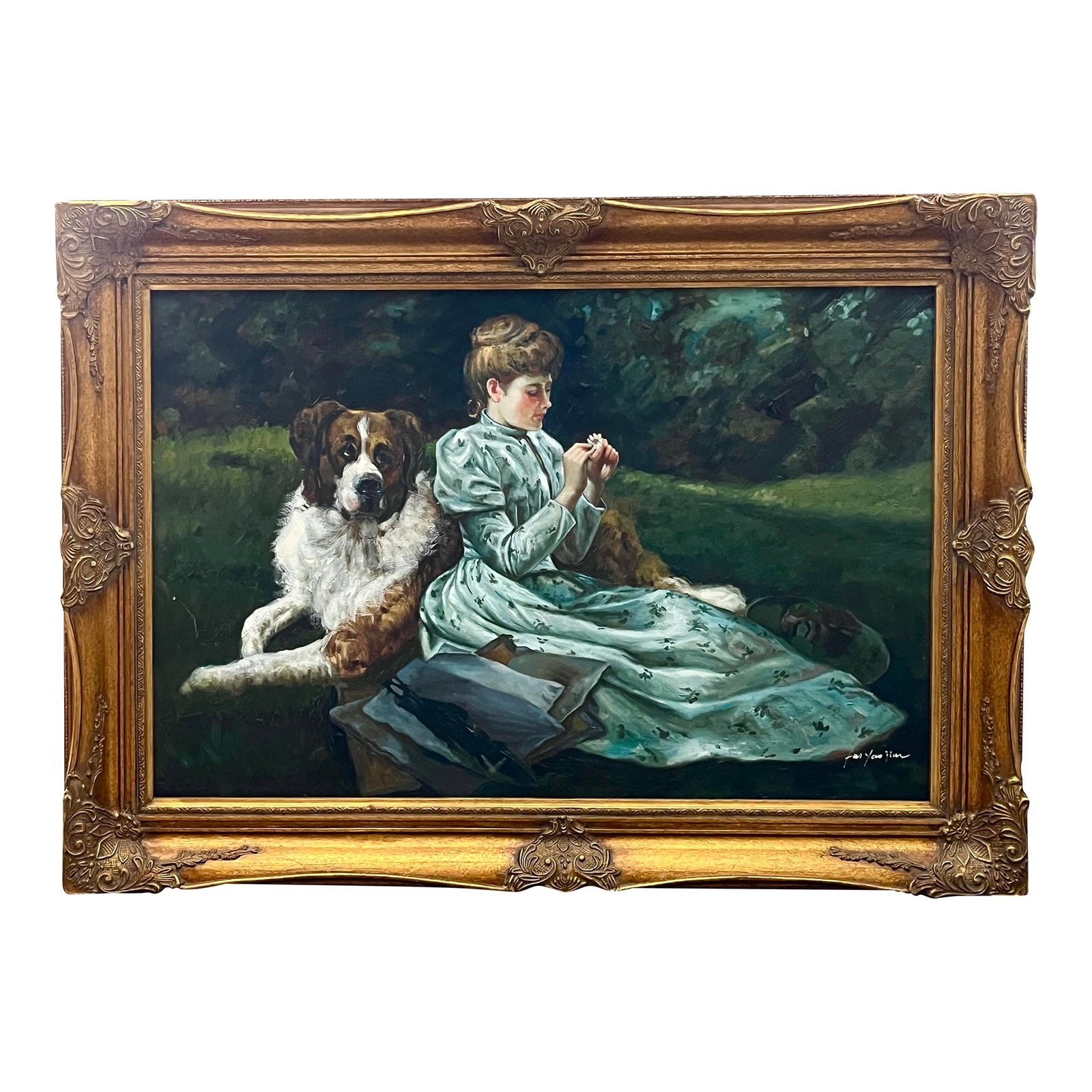 Large Vintage Oil Painting of a Victorian Style Woman With a Flower and Her St. Bernard Dog in a Lan: A beautiful vintage Victorian style oil painting of a woman with her St. Bernard dog holding a flower in a landscape. Oil on canvas signed indistinctly lower right. Presented in a beautiful classic st