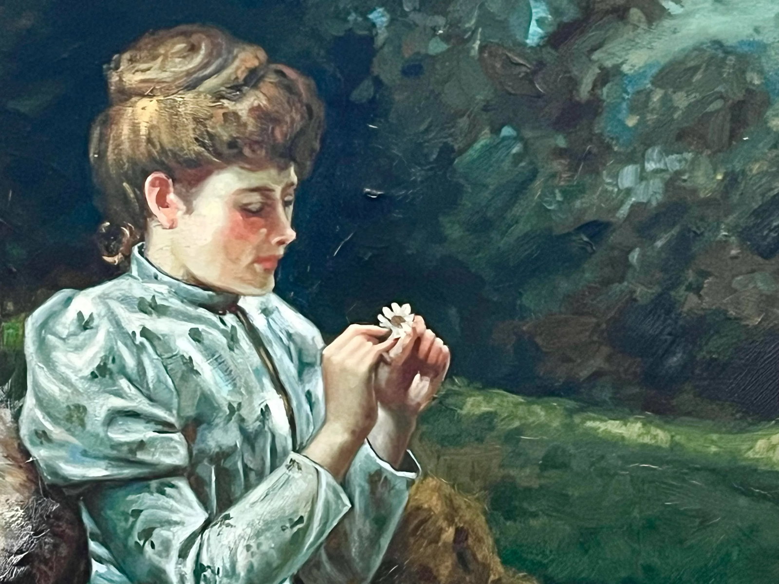 Large Vintage Oil Painting of a Victorian Style Woman With a Flower and Her St. Bernard Dog in a Lan - 3