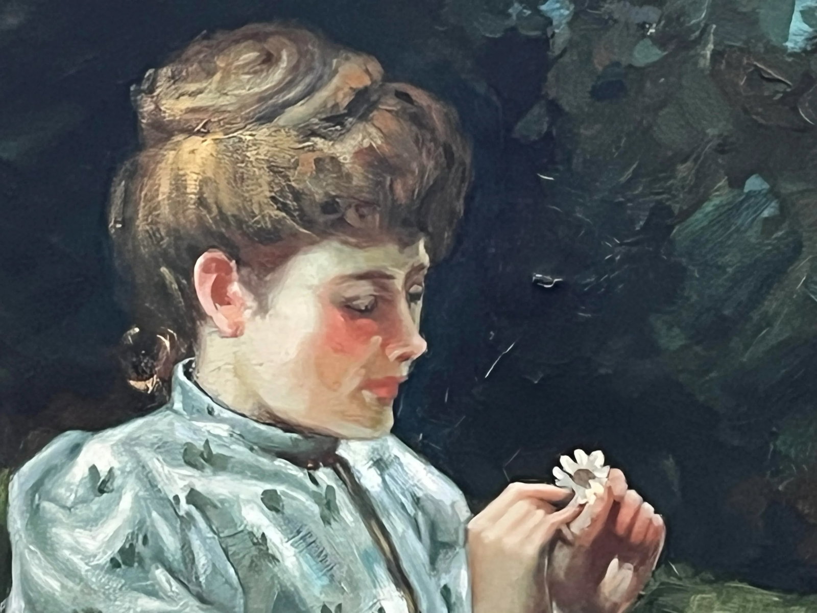 Large Vintage Oil Painting of a Victorian Style Woman With a Flower and Her St. Bernard Dog in a Lan - 5